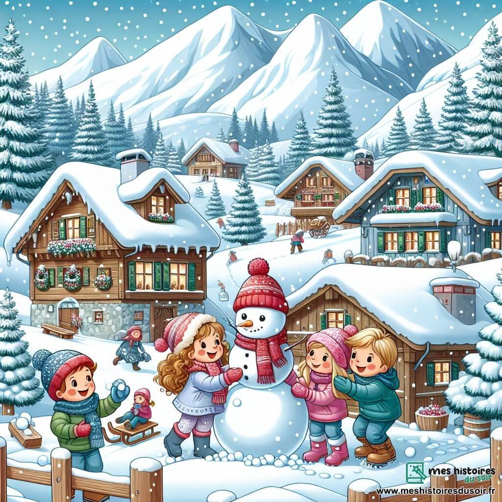 Illustration destinée aux enfants représentant un paysage hivernal féérique dans un petit village alpin, avec des chalets en bois aux toits recouverts de neige scintillante, des sapins majestueux drapés de flocons blancs, et un ciel bleu éclatant. Au premier plan, un groupe de quatre enfants de 11 ans, deux filles aux cheveux bouclés et blonds, l'une portant une écharpe rouge, et l'autre un bonnet rose, ainsi que deux garçons, l'un avec des lunettes et un manteau bleu, et l'autre avec une veste verte, sont en train de construire un bonhomme de neige, riant et lançant des boules de neige. La scène est animée par des flocons de neige tombant doucement du ciel, et des traces de luges dans la neige, créant une atmosphère joyeuse et magique.