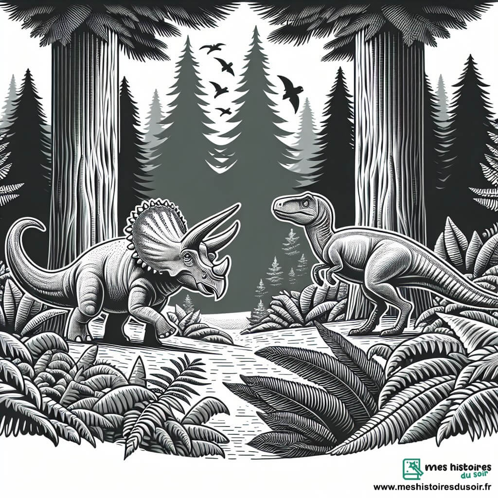 Une illustration destinée aux enfants représentant un tricératops courageux dans une forêt mystérieuse, accompagné d'un vélociraptor curieux, évoluant parmi des fougères géantes et des conifères imposants.