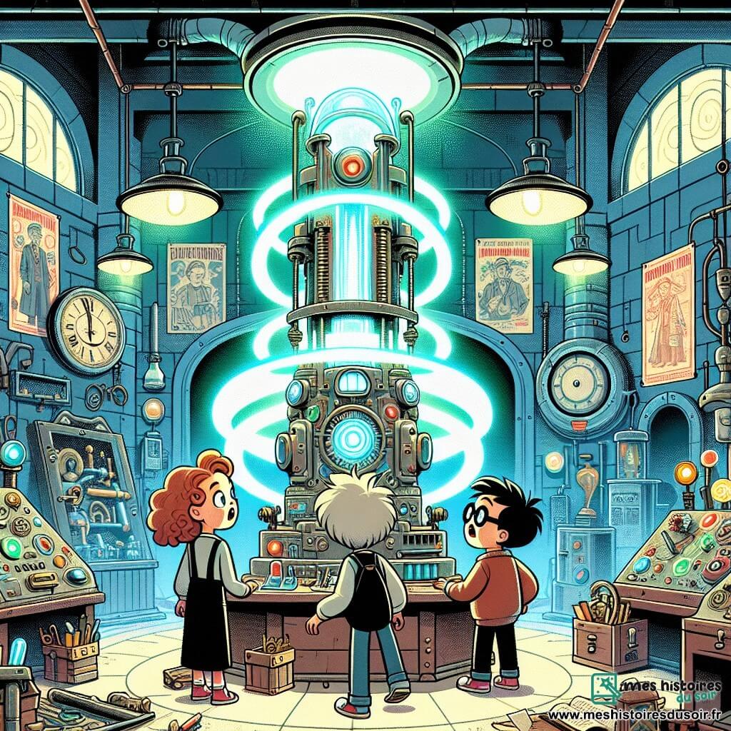 Une illustration sous forme de dessin destinée aux enfants représentant un atelier de scientifique rempli de machines étranges et de gadgets colorés, où un groupe de trois enfants de 7 ans, deux filles aux cheveux bouclés et lisses, et un garçon aux lunettes rondes, se tient émerveillé devant une grande machine en métal qui scintille, tandis qu'une lumière tourbillonnante les enveloppe, symbolisant leur voyage dans le temps vers une époque lointaine, avec des affiches anciennes en arrière-plan et des outils de science éparpillés autour d'eux.