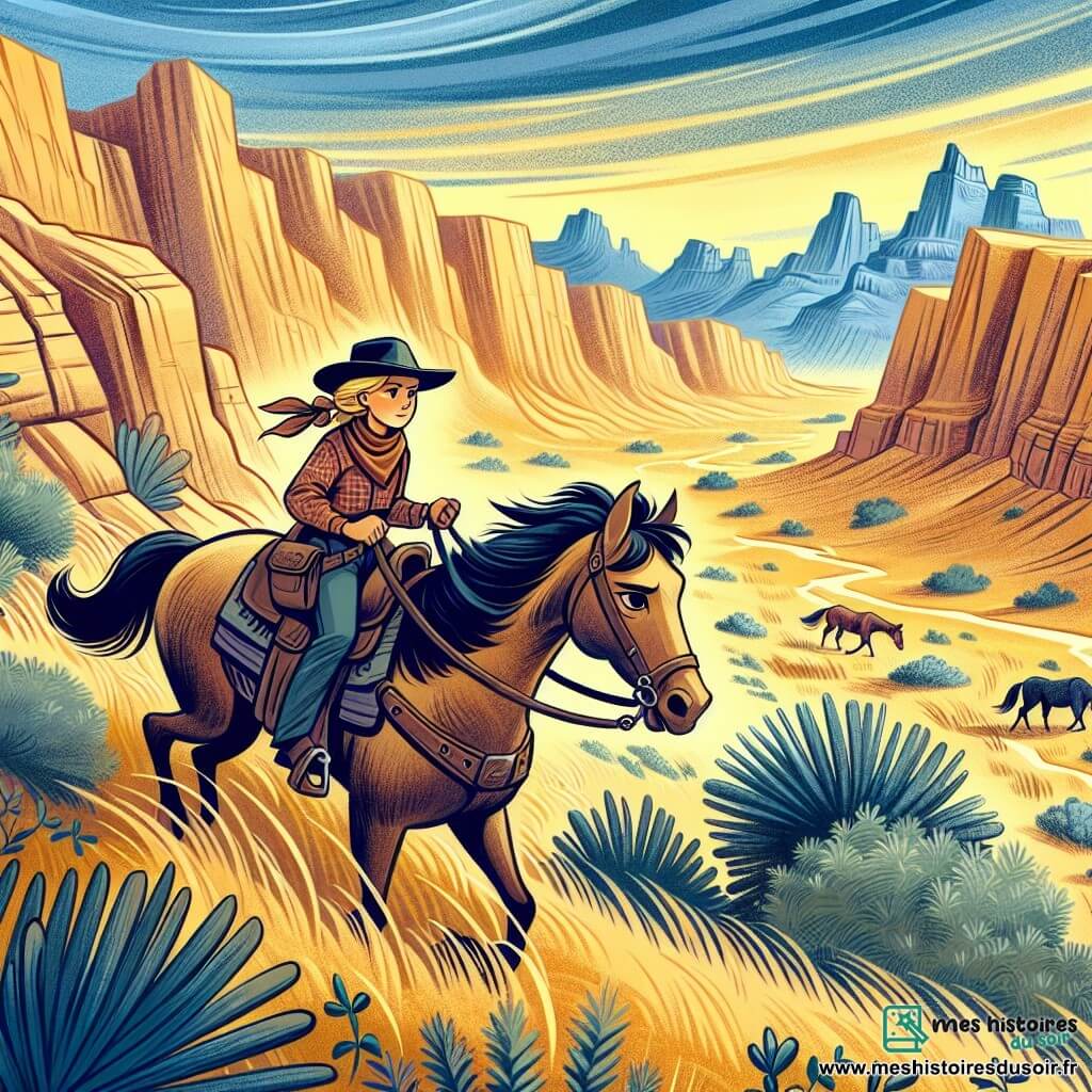 Une illustration destinée aux enfants représentant une jeune cow-girl intrépide, à la recherche d'un trésor légendaire avec son cheval fidèle, traversant des canyons escarpés et des plaines dorées de l'Ouest américain.