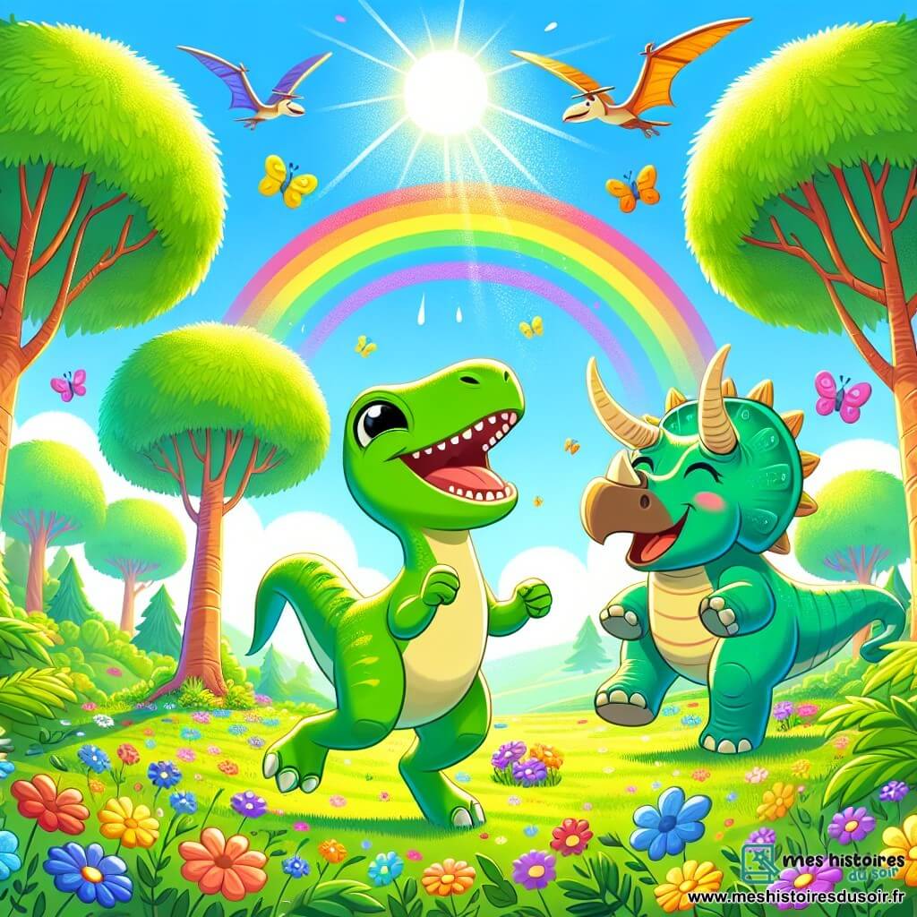 Illustration d'une vallée ensoleillée avec de grands arbres aux feuilles vertes et des fleurs colorées dansant au vent. Au centre, un vélociraptor au pelage vert vif et aux grands yeux brillants, sautant joyeusement avec une patte levée et un sourire éclatant. À ses côtés, un tricératops massif avec trois cornes majestueuses et un large sourire, regardant son ami avec enthousiasme. En arrière-plan, un ptérosaure aux ailes déployées survole la scène. Les trois amis chantent et rient ensemble, entourés d'une atmosphère joyeuse, tandis qu'un arc-en-ciel scintille dans le ciel bleu, symbolisant leur amitié. Des papillons colorés volent autour d'eux, ajoutant une ambiance vivante à cette scène d'amitié et de découverte.
