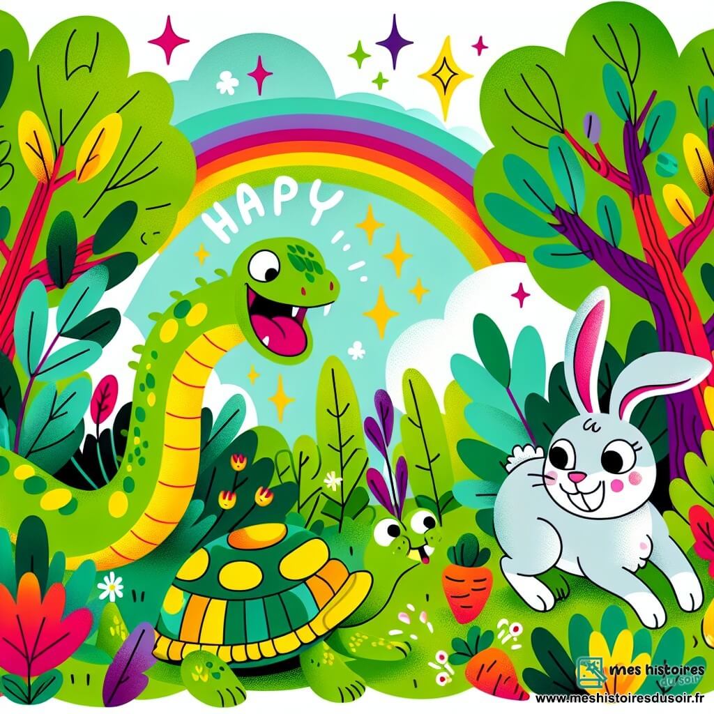 Une illustration sous forme de dessin destinée aux enfants représentant une forêt colorée avec des arbres aux feuilles éclatantes, un serpent vert aux taches jaunes en train de rire en se cachant derrière un buisson, tandis qu'un lapin aux grandes oreilles et à la fourrure blanche saute joyeusement, et une tortue à la carapace verte et aux yeux malicieux roule dans l'herbe, le tout dans une ambiance ludique où les animaux s'amusent ensemble autour de carottes magiques.