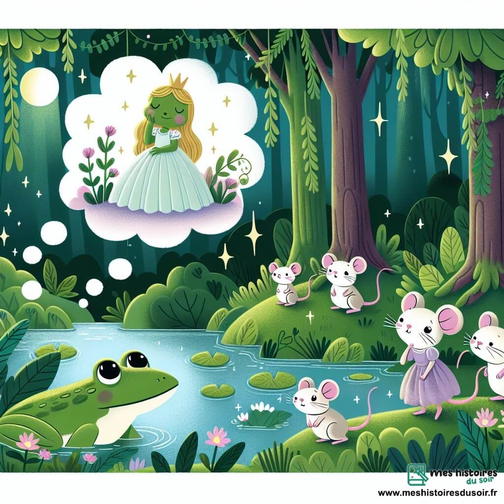 Une illustration destinée aux enfants représentant une grenouille élégante rêvant de devenir une princesse, accompagnée d'une famille de souris, dans une forêt verdoyante et mystérieuse aux arbres majestueux et aux étangs scintillants.