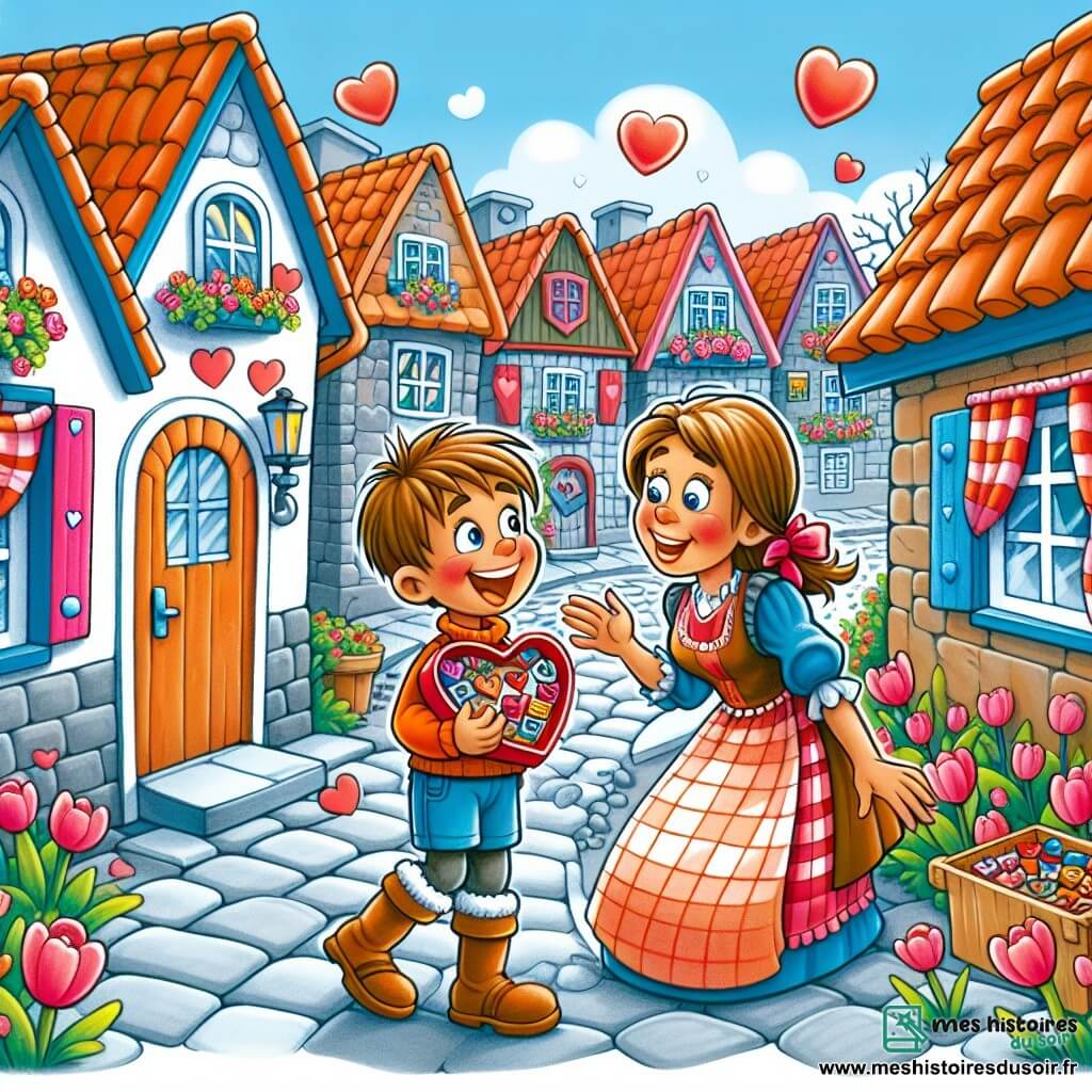 Une illustration destinée aux enfants représentant un garçon curieux et plein d'énergie, vivant une Saint-Valentin pleine de surprises avec sa maman douce et attentionnée, dans un petit village nommé Félicité aux rues pavées bordées de maisons colorées aux toits en tuiles.