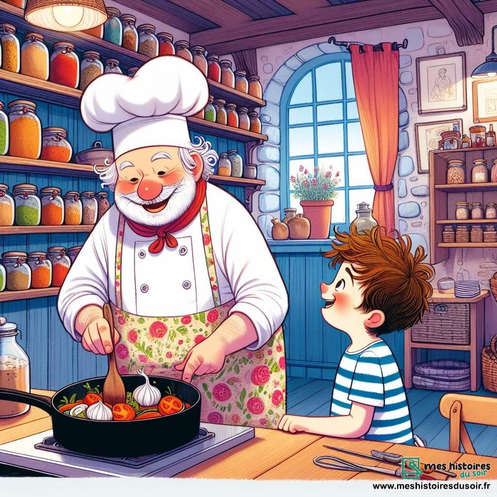 Une illustration sous forme de dessin destinée aux enfants représentant l'intérieur chaleureux d'un bistro coloré avec des murs en bois et des étagères remplies de bocaux d'épices, où un homme jovial, à la toque blanche légèrement de travers et au tablier fleuri, prépare avec passion une ratatouille dans une grande poêle, tandis qu'un jeune garçon aux cheveux ébouriffés et aux yeux pétillants, vêtu d'un t-shirt rayé, l'observe avec émerveillement, prêt à apprendre les secrets de la cuisine, le tout baigné dans une lumière douce et accueillante qui évoque la joie de partager un repas entre amis.