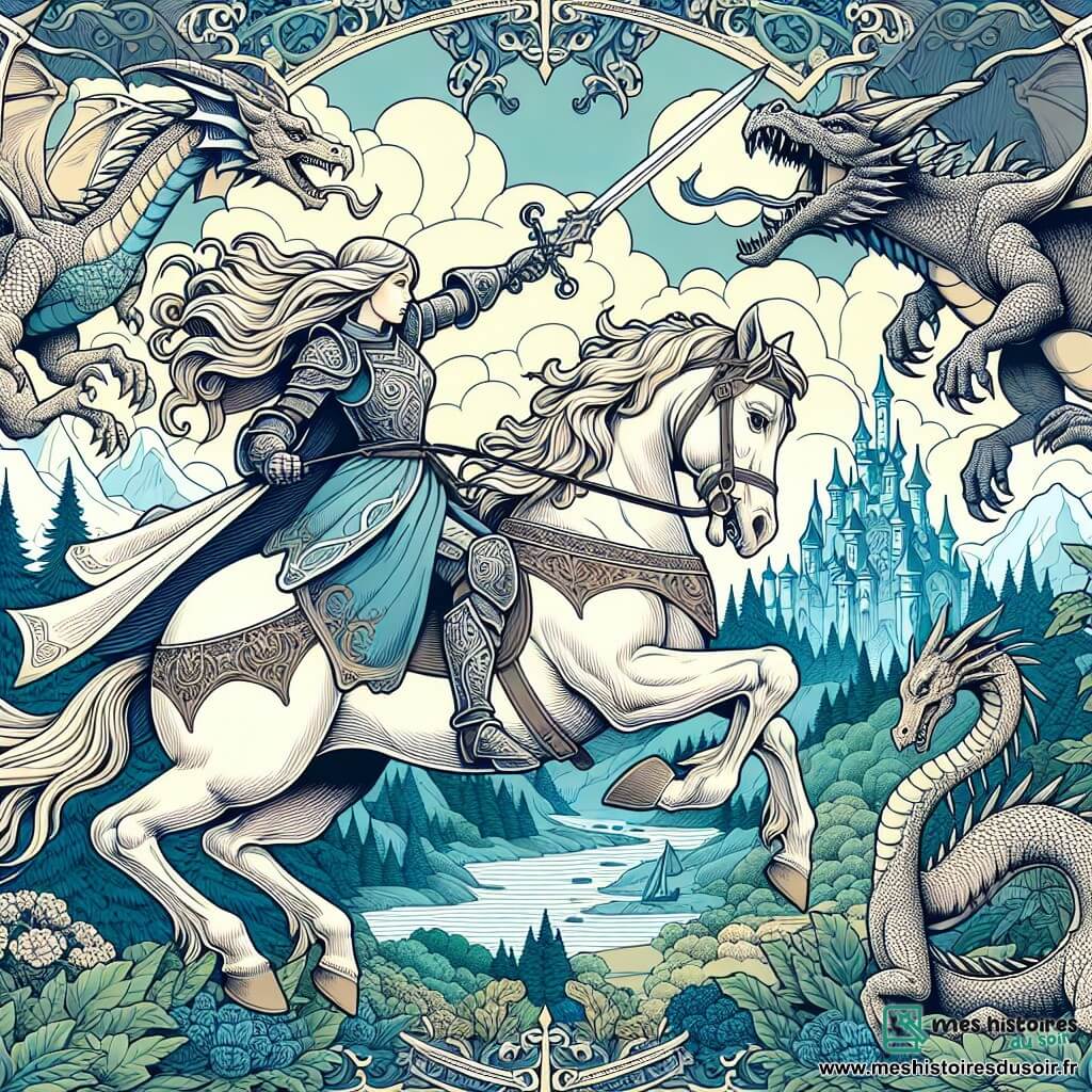 Une illustration destinée aux enfants représentant une chevalière intrépide affrontant des dragons pour devenir championne d'un tournoi légendaire, accompagnée de son fidèle destrier, dans la mystérieuse Forêt des Dragons aux arbres majestueux et aux brumes envoûtantes.