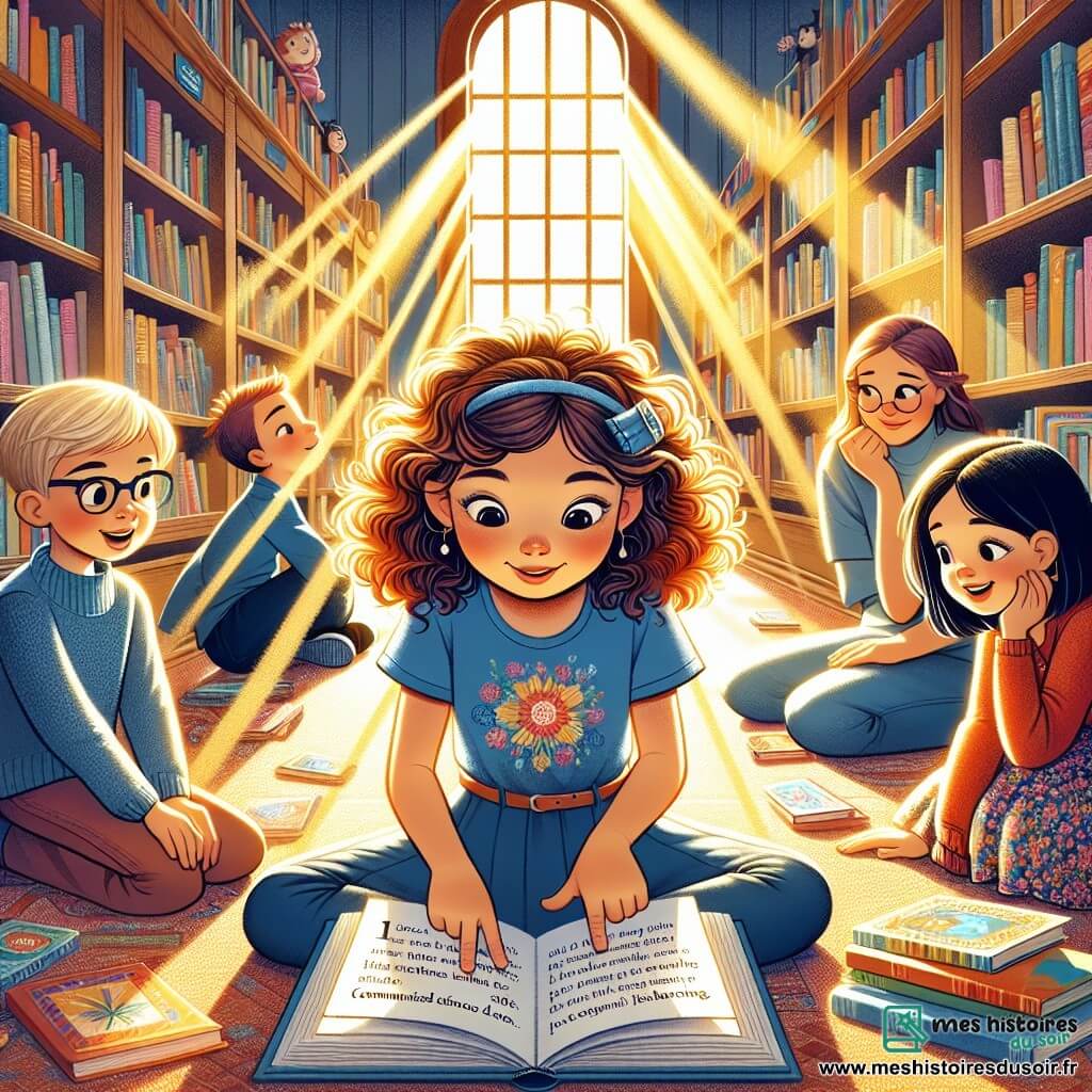Illustration destinée aux enfants représentant une chaleureuse bibliothèque ensoleillée, avec des étagères en bois chargées de livres colorés, des rayons de lumière filtrant à travers de grandes fenêtres, créant une atmosphère accueillante. Au centre, une fille de 11 ans, aux cheveux châtains bouclés, portant un t-shirt bleu et un jean, est assise sur un tapis, feuilletant un livre avec un regard concentré et curieux. À côté d'elle, deux amis : un garçon aux cheveux blonds courts, vêtu d'un pull rouge, qui observe attentivement la page qu'elle lit, et une fille aux cheveux longs et noirs, portant une robe à fleurs, qui sourit en écoutant. La scène capture l'instant où la jeune fille découvre une phrase inspirante sur la communication, symbolisant l'importance des liens familiaux et amicaux, entourée de livres aux couvertures colorées, créant une ambiance de découverte et d'apprentissage.