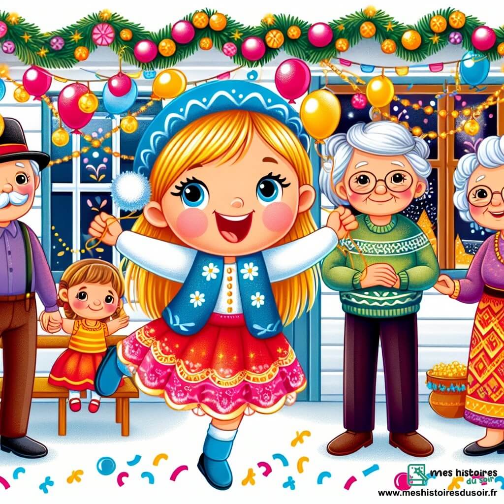 Une illustration destinée aux enfants représentant une fillette pleine de vie et d'énergie, célébrant le réveillon du nouvel an avec sa famille, accompagnée de sa mamie et de son papi, dans une maison décorée de guirlandes brillantes et de ballons colorés.