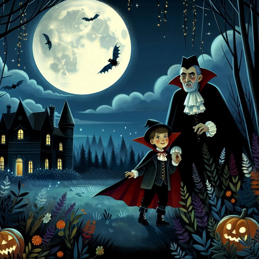 Une illustration destinée aux enfants représentant un jeune garçon, déguisé en vampire, explorant une sombre et sinistre maison hantée, accompagné d'un mystérieux comte vêtu de noir, entourés d'arbres grimaçants et de hautes herbes, sous la lueur de la lune brillante et des citrouilles illuminées, lors d'une nuit d'Halloween magique.