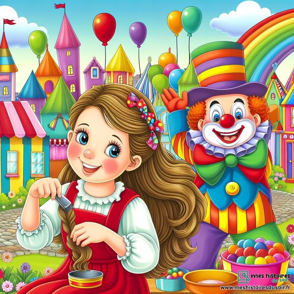 Une illustration destinée aux enfants représentant une fillette joyeuse se préparant pour le carnaval, accompagnée d'un clown farceur, dans le village coloré et animé d'Arc-en-Ciel.