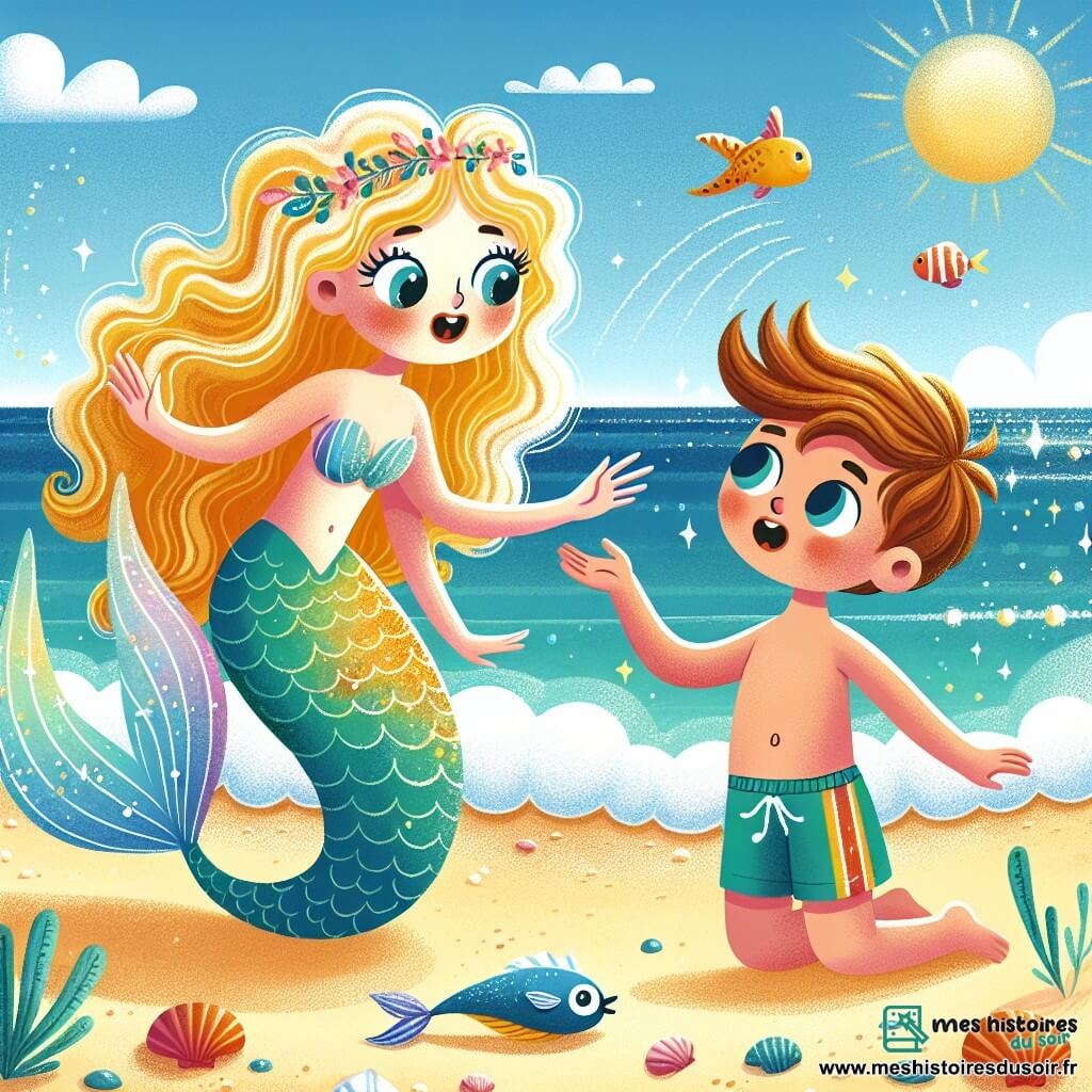 Une illustration sous forme de dessin destinée aux enfants représentant une plage ensoleillée avec des vagues scintillantes, où une sirène aux longs cheveux ondulés et à la queue irisée, souriante et pleine de courage, tend la main vers un jeune garçon aux yeux émerveillés, qui porte un short de bain et un t-shirt coloré, alors qu'ils s'apprêtent à sauver un oiseau blessé sur le sable, entourés de coquillages et de petits poissons curieux nageant près du rivage.