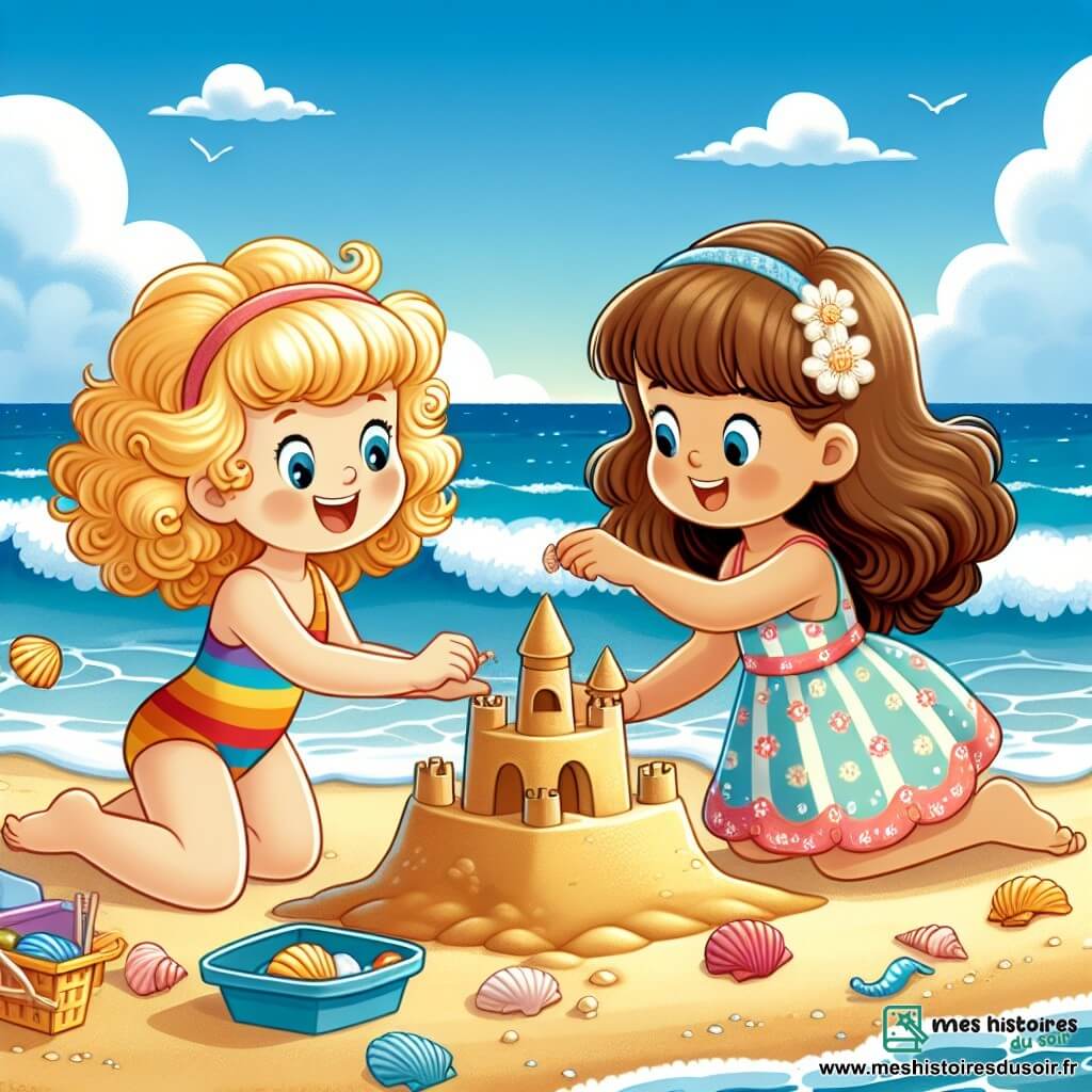 Une illustration sous forme de dessin destinée aux enfants représentant une plage ensoleillée avec du sable doré et des vagues bleues, au premier plan une petite fille de 5 ans aux cheveux bouclés et blonds, portant un maillot de bain coloré, en train de construire un château de sable avec enthousiasme, tandis qu'à côté d'elle, une autre petite fille de 5 ans aux cheveux bruns et lisses, vêtue d'une robe légère, l'aide en ajoutant des coquillages décoratifs, le ciel est dégagé et parsemé de quelques nuages blancs, créant une ambiance joyeuse et estivale.