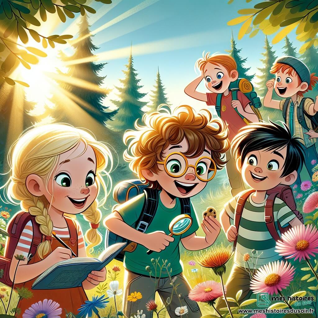 Illustration destinée aux enfants représentant un groupe d'enfants de 9 ans dans une clairière ensoleillée, entourée de fleurs sauvages aux couleurs vives, avec des arbres majestueux en arrière-plan. Au centre, une petite fille aux cheveux bouclés et aux lunettes jaunes tient un morceau de cookie, souriante et pleine d'énergie, tandis qu'un garçon aux cheveux bruns et aux lunettes ajuste son sac à dos, observant le sol avec une loupe. À côté d'eux, une fille blonde dynamique, avec des tresses, dessine des fleurs sur un carnet, et un garçon aux cheveux noirs, souriant et enthousiaste, fait des gestes dramatiques en parlant de leur prochaine aventure. La scène capture l'esprit d'amitié et d'exploration, avec des rayons de soleil filtrant à travers les feuilles, créant une atmosphère joyeuse et magique.