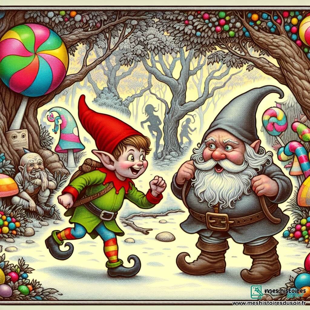 Une illustration destinée aux enfants représentant un elfe espiègle se lançant dans un défi de farces avec un lutin maladroit, au cœur de la Forêt Enchantée où les arbres se transforment en bonbons multicolores.