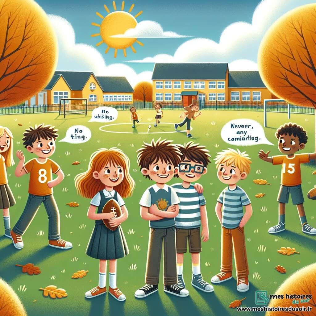 Illustration destinée aux enfants représentant une cour de récréation d'une école primaire, avec des arbres aux feuilles dorées et un grand terrain de jeu en herbe. Au centre, un groupe de quatre enfants de 11 ans : un garçon aux cheveux bruns en bataille, souriant et tenant un ballon de foot, une fille aux cheveux longs et blonds, avec un regard déterminé, un garçon aux lunettes et aux cheveux châtains, un peu timide, et une fille aux cheveux frisés, enthousiaste, qui encourage le groupe. En arrière-plan, un groupe de garçons, dont l'un est plus grand et a une attitude moqueuse, se moque d'un autre enfant isolé, créant une atmosphère de tension. Des dessins de bulles de dialogue illustrent des mots de soutien et de camaraderie, tandis que le soleil brille au-dessus, symbolisant l'espoir et la solidarité.