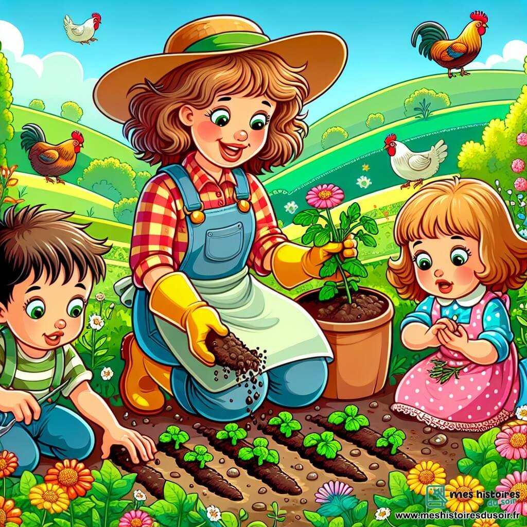 Une illustration sous forme de dessin destinée aux enfants représentant une ferme colorée entourée de collines verdoyantes, avec une femme agricultrice souriante aux cheveux châtains attachés en chignon, vêtue d'une chemise à carreaux et de bottes en caoutchouc, en train de planter des graines dans un potager ensoleillé, tandis que deux enfants, une fille aux cheveux bouclés et un garçon aux cheveux courts, les mains couvertes de terre, l'observent avec émerveillement, entourés de poules picorant le sol et de fleurs éclatantes attirant des abeilles.