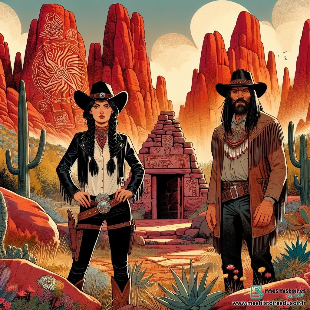Illustration d'une clairière cachée au cœur des montagnes rouges, avec des formations rocheuses écarlates et des symboles sacrés gravés dans la pierre. Au centre, une cow-girl intrépide, cheveux de jais tressés, chapeau de cow-boy incliné et veste en cuir à franges, se tient déterminée, les mains sur les hanches. À ses côtés, un homme d'une trentaine d'années, vêtu de peau et de plumes, observe avec bienveillance. Ils se tiennent devant un ancien autel, symbolisant la quête de connaissance et le respect de la terre, tandis qu'un soleil couchant éclaire la scène d'une lumière dorée, créant une atmosphère mystique. Des cactus et des fleurs sauvages colorées ajoutent de la vie au paysage, tandis qu'un léger vent fait danser les herbes autour d'eux.