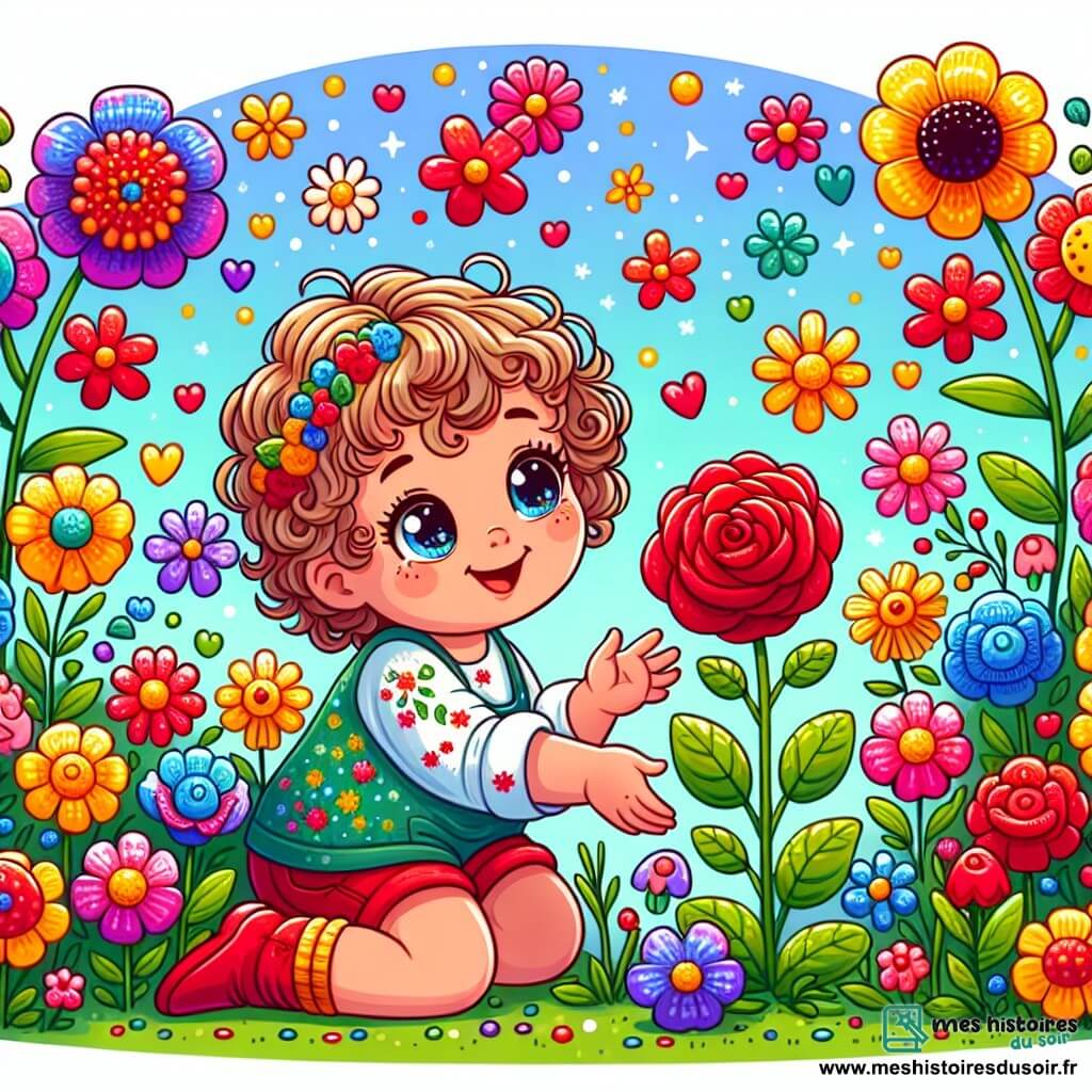 Une illustration sous forme de dessin destinée aux enfants représentant un jardin coloré rempli de fleurs dansantes, avec une petite fille de 1 an aux cheveux bouclés et aux yeux pétillants, assise à genoux, souriant en caressant une rose rouge éclatante qui lui parle, tandis que d'autres fleurs aux couleurs vives l'entourent, créant une atmosphère joyeuse et magique où l'amitié et la tendresse s'épanouissent.