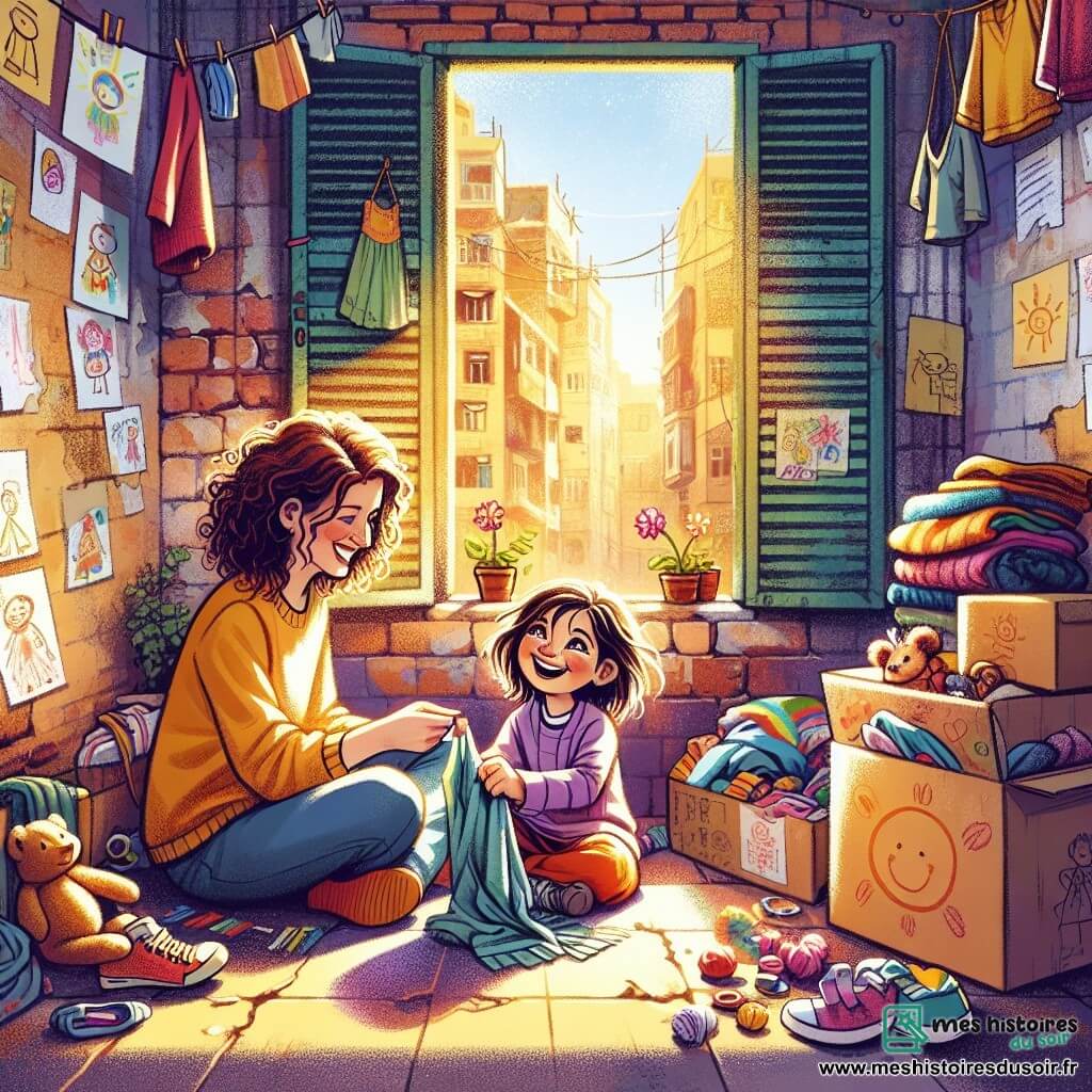 Illustration destinée aux enfants représentant une scène vibrante dans un petit appartement au troisième étage d’un vieil immeuble en briques, où les murs jaunis sont ornés de dessins d’enfants et de petites fleurs qui poussent dans les fissures du trottoir. Au centre, une fille de 9 ans, avec des cheveux châtains en désordre et des yeux pétillants, est assise par terre, entourée de jouets colorés et de vêtements, souriant avec enthousiasme alors qu’elle trie ses affaires pour les donner à d'autres enfants dans le besoin. À ses côtés, sa maman, une femme d’une trentaine d’années avec des cheveux frisés et un sourire chaleureux, l’encourage avec fierté, tenant un vieux pull dans ses mains. La lumière du soleil filtre à travers les rideaux usés, créant une atmosphère chaleureuse et pleine d’espoir, tandis que des cartons décorés de dessins d’enfants sont prêts à être offerts, symbolisant la générosité et la solidarité.