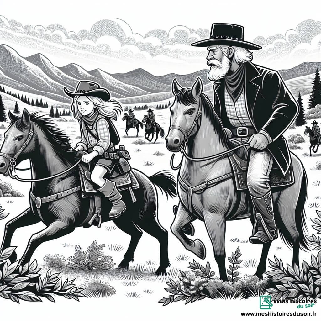Une illustration destinée aux enfants représentant une jeune cowgirl intrépide, confrontée à des bandits dans les vastes plaines sauvages de l'Ouest américain, accompagnée de son grand-père cow-boy sage et respecté.