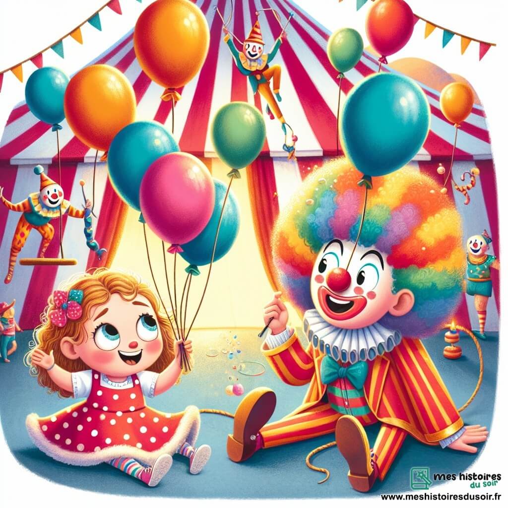 Une illustration sous forme de dessin destinée aux enfants représentant une scène colorée et joyeuse dans un cirque animé, avec une petite fille de 3 ans aux cheveux bouclés et aux yeux pétillants, habillée d'une robe rouge à pois, en train de faire des tours de magie avec des ballons colorés qui flottent autour d'elle, tandis qu'un clown aux cheveux multicolores et au visage peint en blanc, riant joyeusement, l'encourage à ses côtés, et en arrière-plan, des jongleurs et des trapézistes s'élancent sous une grande tente rayée, créant une ambiance festive et enchantée.