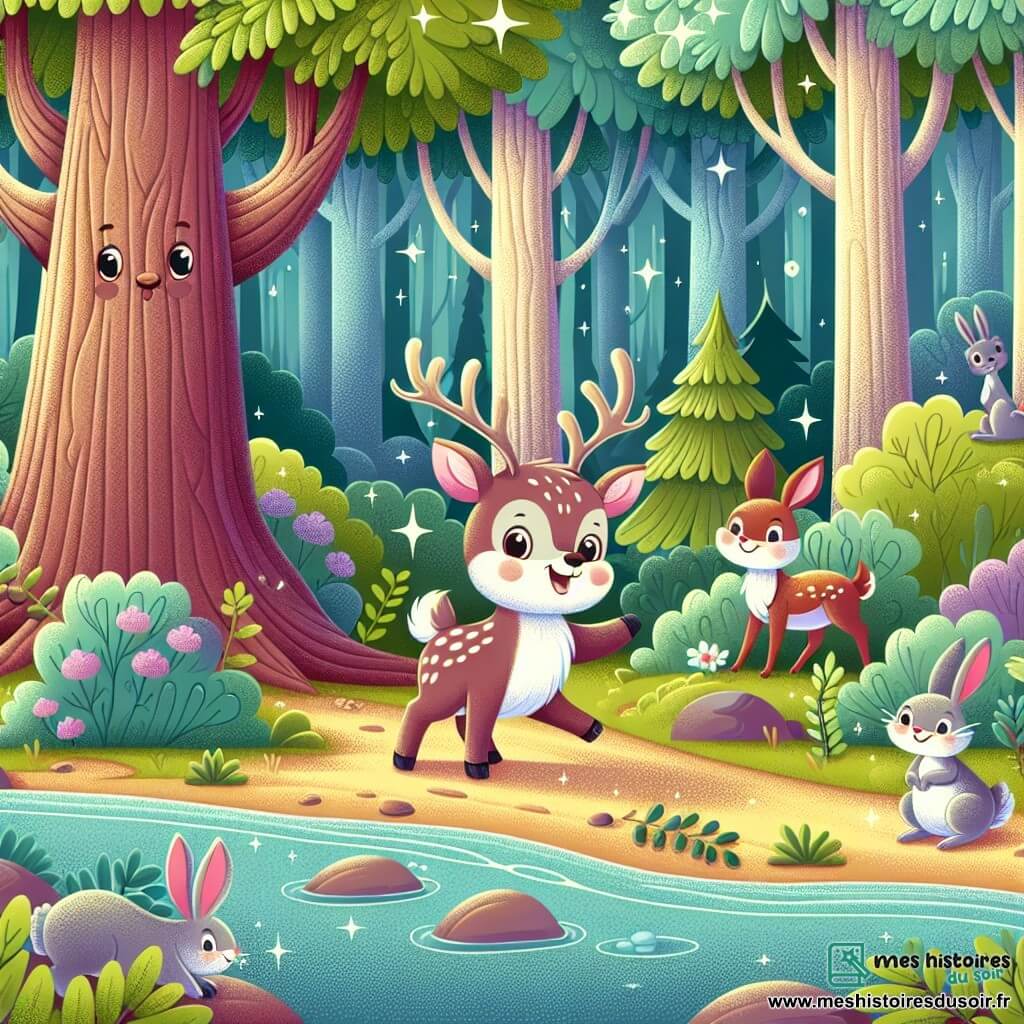 Une illustration sous forme de dessin destinée aux enfants représentant une forêt enchantée aux arbres majestueux aux feuilles scintillantes, où un jeune renne au pelage doux et aux yeux pétillants se tient joyeusement près d'un ruisseau étincelant, entouré de lapins aux grandes oreilles et d'écureuils malicieux qui l'observent avec curiosité, alors qu'il s'apprête à découvrir le Secret de la Forêt en écoutant attentivement les murmures de la nature.