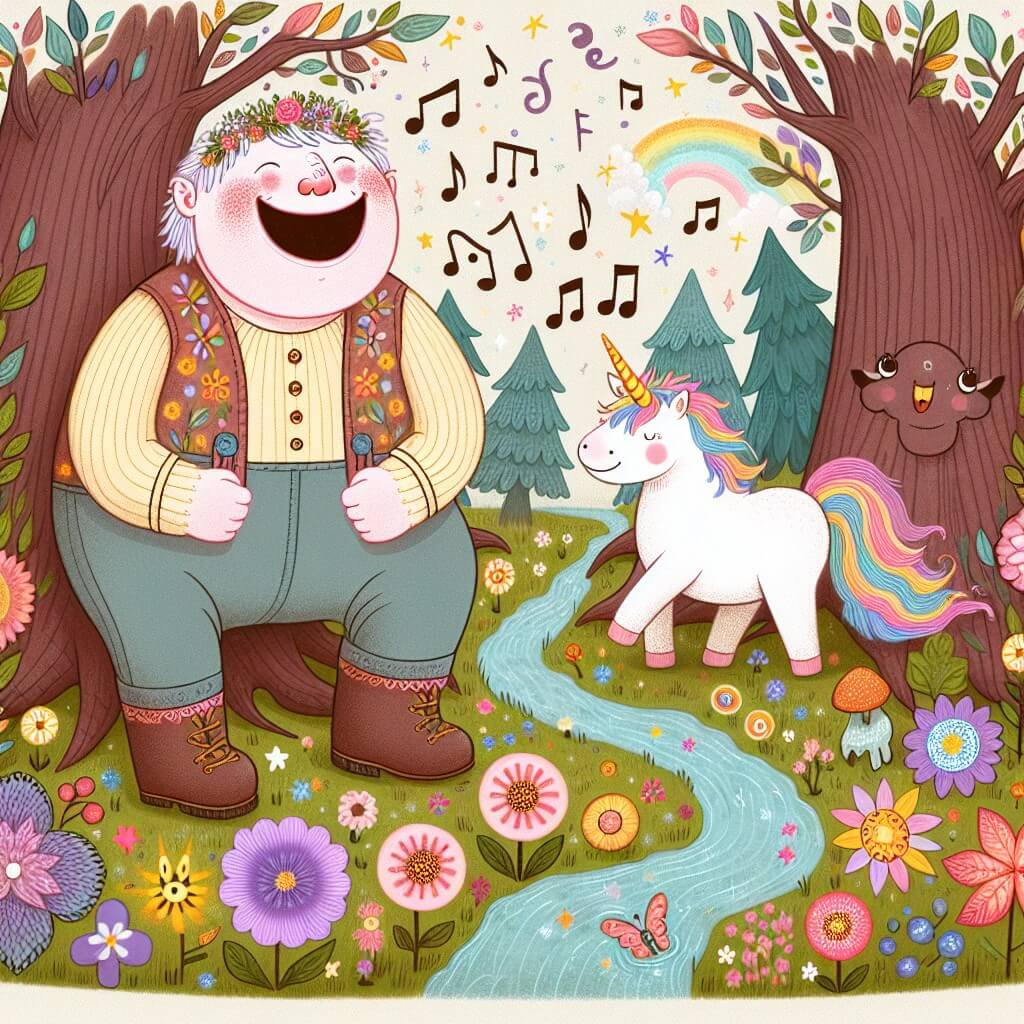 Une illustration destinée aux enfants représentant un géant farceur qui rencontre une licorne joyeuse dans une forêt enchantée remplie de fleurs multicolores, d'arbres parlants et de ruisseaux chantants.