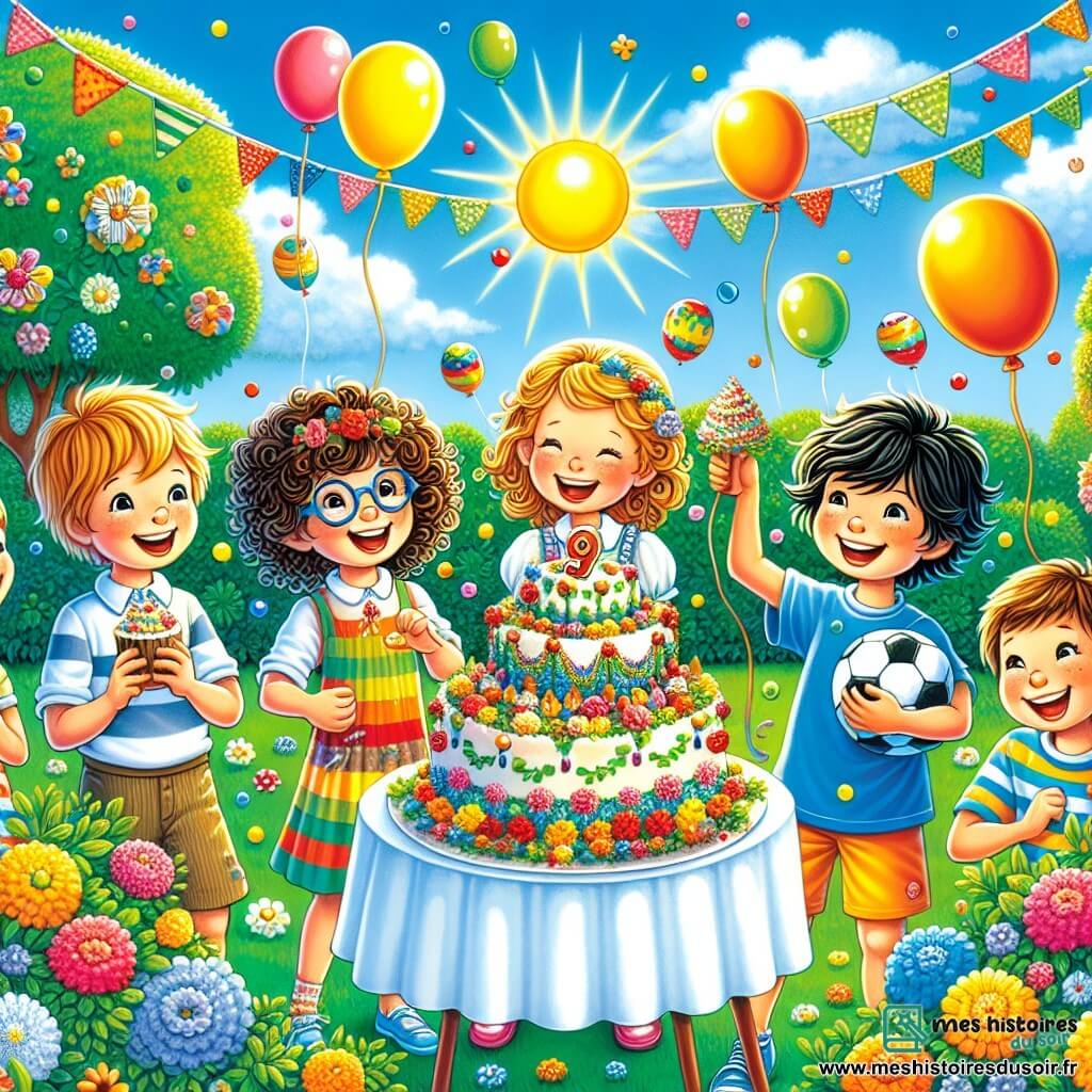 Illustration destinée aux enfants représentant un jardin ensoleillé, rempli de fleurs colorées et de verdure luxuriante, avec un petit stand de gâteaux décoré de guirlandes multicolores. Au centre, un groupe d'enfants de 9 ans, dont un garçon aux cheveux bruns et bouclés, souriant et tenant un gâteau, entouré d'une fille aux lunettes et aux cheveux blonds qui rit, ainsi qu'un garçon aux cheveux noirs qui jongle avec un ballon de football. Ils sont tous en train de célébrer une fête joyeuse, partageant des rires et des douceurs, symbolisant l'amitié et le soutien dans un moment de transition. Des ballons flottent dans le ciel bleu, ajoutant une touche festive à l'atmosphère chaleureuse et accueillante.