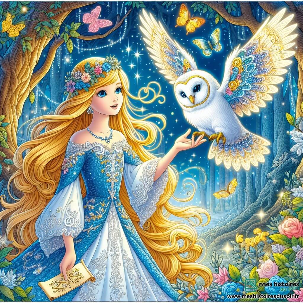 Une illustration sous forme de dessin destinée aux enfants représentant un jardin enchanteur du royaume de Luminara, où une princesse aux longs cheveux dorés et à la robe bleue scintillante, pleine de fleurs brodées, se tient avec émerveillement devant un hibou blanc aux yeux brillants, qui lui tend un parchemin mystérieux, tandis qu'en arrière-plan, des arbres majestueux aux feuilles chatoyantes et des papillons colorés dansent dans l'air, créant une atmosphère magique et pleine de promesses d'aventure.