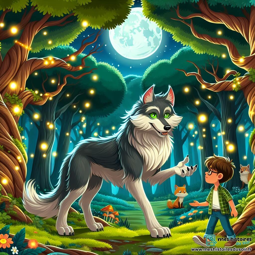 Illustration d'une forêt enchantée avec de grands arbres aux troncs noueux et des feuilles vert éclatant. Des rayons de lune filtrent à travers le feuillage, créant des ombres dansantes sur le sol couvert de mousse et de fleurs luminescentes. Au centre, un loup-garou majestueux avec un pelage argenté brille sous la lune. Ses yeux verts expriment sagesse et gentillesse. Il sourit et tend une patte vers un jeune garçon d'environ huit ans, aux cheveux bruns en bataille et portant une chemise à carreaux. Le garçon, hésitant mais curieux, admire le loup-garou. La scène montre le loup-garou demandant de l'aide au garçon pour sauver la forêt d'un sorcier maléfique, tandis que des lucioles illuminent l'air, ajoutant une touche magique. En arrière-plan, des silhouettes d'animaux de la forêt, comme des hiboux et des renards, écoutent attentivement.