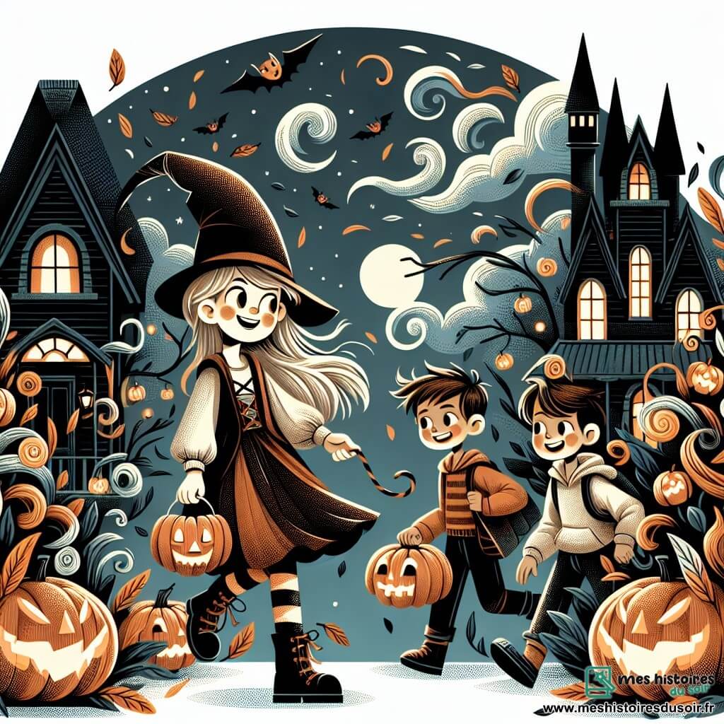 Une illustration destinée aux enfants représentant une jeune fille intrépide partant à la chasse aux bonbons le soir d'Halloween, accompagnée de ses amis, devant une maison hantée au toit pointu, entourée de citrouilles illuminées et de feuilles mortes tourbillonnantes.