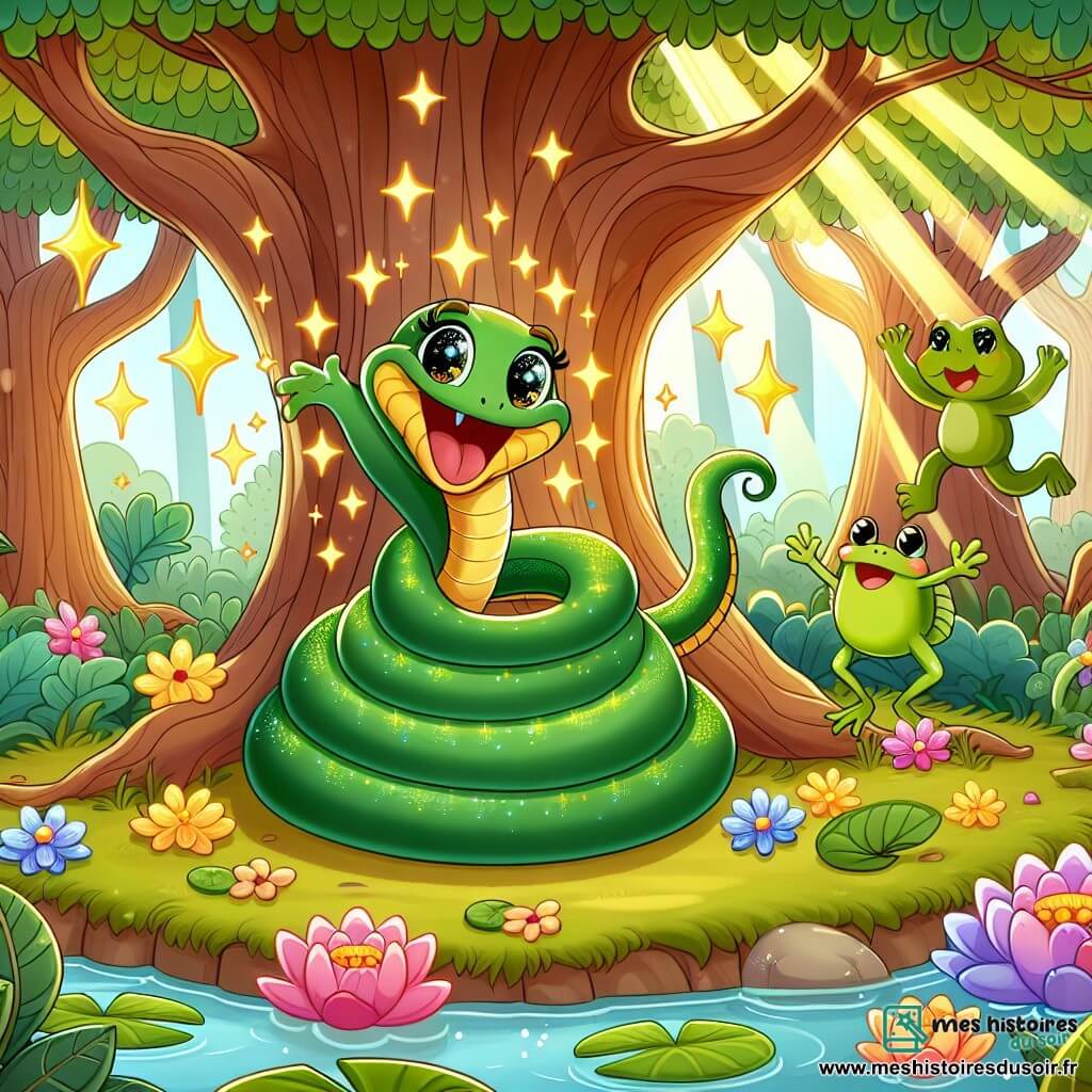 Une illustration sous forme de dessin destinée aux enfants représentant une forêt enchantée aux arbres aux feuilles dorées et aux fleurs colorées, où un serpent brillant au vert éclatant, aux yeux pétillants, danse joyeusement en ondulant autour d'un arbre gigantesque, tandis qu'une grenouille verte chante sur un nénuphar, créant une atmosphère magique et amicale, symbolisant l'acceptation de soi et la beauté de l'amitié.