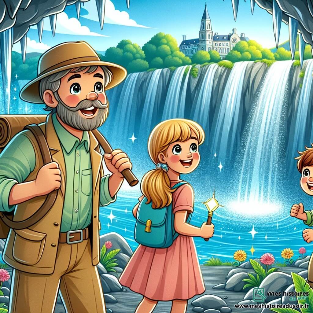 Une illustration destinée aux enfants représentant un archéologue passionné, accompagné de deux jeunes enfants curieux, explorant une grotte mystérieuse cachée derrière une cascade scintillante, dans la ville pittoresque de Montfleur.