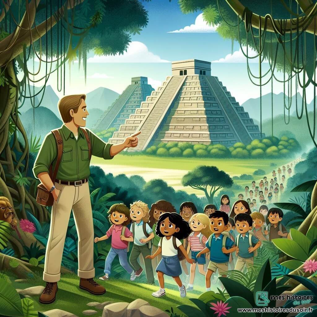 Une illustration destinée aux enfants représentant un homme passionné d'exploration, accompagné d'un groupe d'enfants curieux, découvrant un ancien site archéologique au cœur d'une dense jungle, avec des pyramides majestueuses émergeant parmi les lianes et les arbres luxuriants.