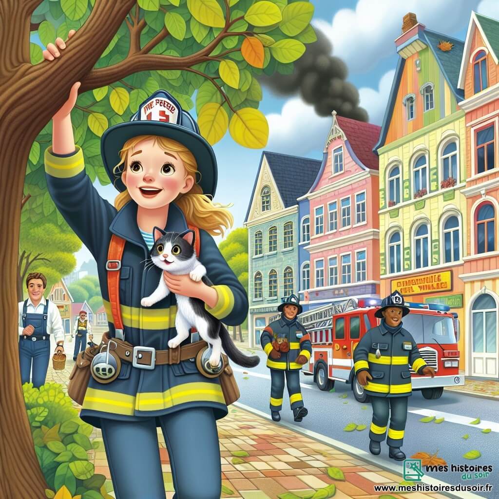Une illustration destinée aux enfants représentant une femme pompier courageuse et déterminée, accompagnée de son équipe, en train de sauver un chat coincé dans un arbre, dans la pittoresque petite ville de Plumeville avec ses maisons colorées et ses rues bordées d'arbres.