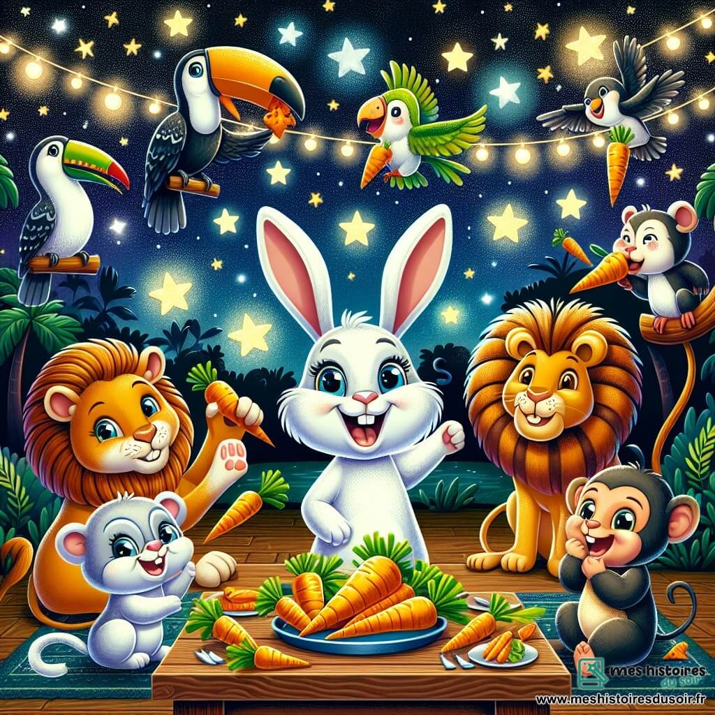 Une illustration sous forme de dessin destinée aux enfants représentant un zoo coloré et animé sous une nuit étoilée, avec un lapin aux grandes oreilles et au pelage blanc, bondissant joyeusement au centre de la scène, entouré de divers animaux comme une lionne majestueuse aux yeux pétillants, un toucan aux plumes éclatantes, et un singe espiègle en train de faire des grimaces, tous réunis pour célébrer une fête de carottes, avec des guirlandes lumineuses et des plats de carottes délicieuses disposés sur des tables en bois, créant une ambiance festive et amicale.