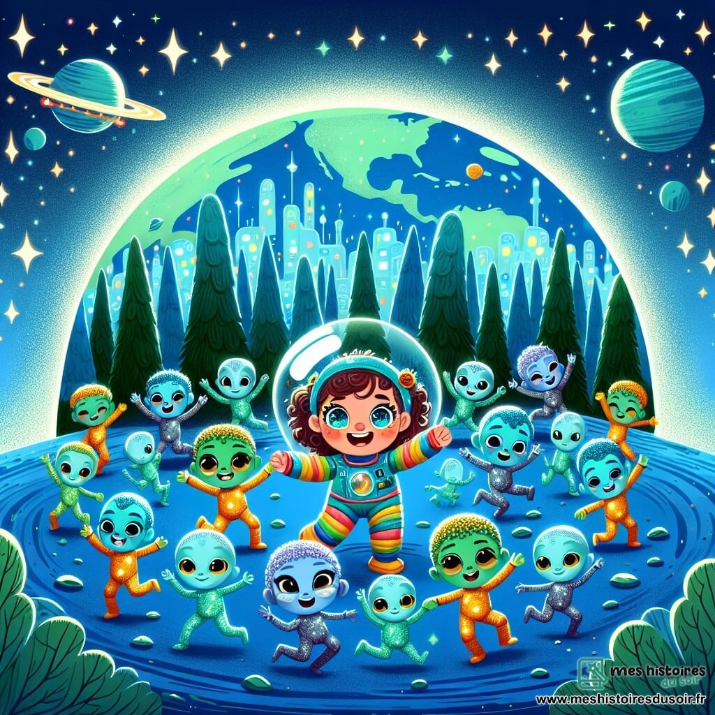 Une illustration sous forme de dessin destinée aux enfants représentant une planète d'un bleu profond avec des forêts émeraude et des rivières argentées, où une fille de 12 ans aux cheveux bouclés et aux yeux pétillants, vêtue d'une combinaison spatiale colorée, danse joyeusement avec des enfants extraterrestres aux peaux turquoise et aux yeux dorés, tous unis dans un cercle lumineux, célébrant leur amitié après avoir réussi à protéger leur ville d'une tempête de météorites, avec des étoiles scintillantes et un vaisseau spatial scintillant en arrière-plan.
