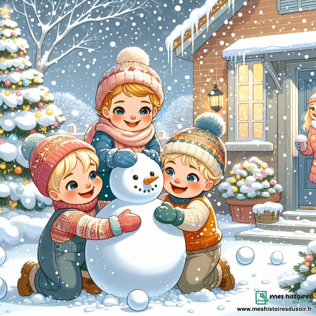 Illustration destinée aux enfants représentant une scène hivernale joyeuse dans un jardin recouvert de neige scintillante, avec des arbres aux branches chargées de flocons. Au centre, un groupe de trois enfants de 1 an, deux garçons aux cheveux blonds et un garçon aux cheveux bruns, s'affairent à construire un bonhomme de neige. Les garçons, vêtus de combinaisons colorées, rient et sourient, tandis qu'ils roulent des boules de neige pour former le corps du bonhomme. En arrière-plan, une maman souriante les observe depuis la porte de la maison, tenant une tasse de chocolat chaud fumant. Des flocons de neige tombent doucement autour d'eux, créant une atmosphère magique et festive.
