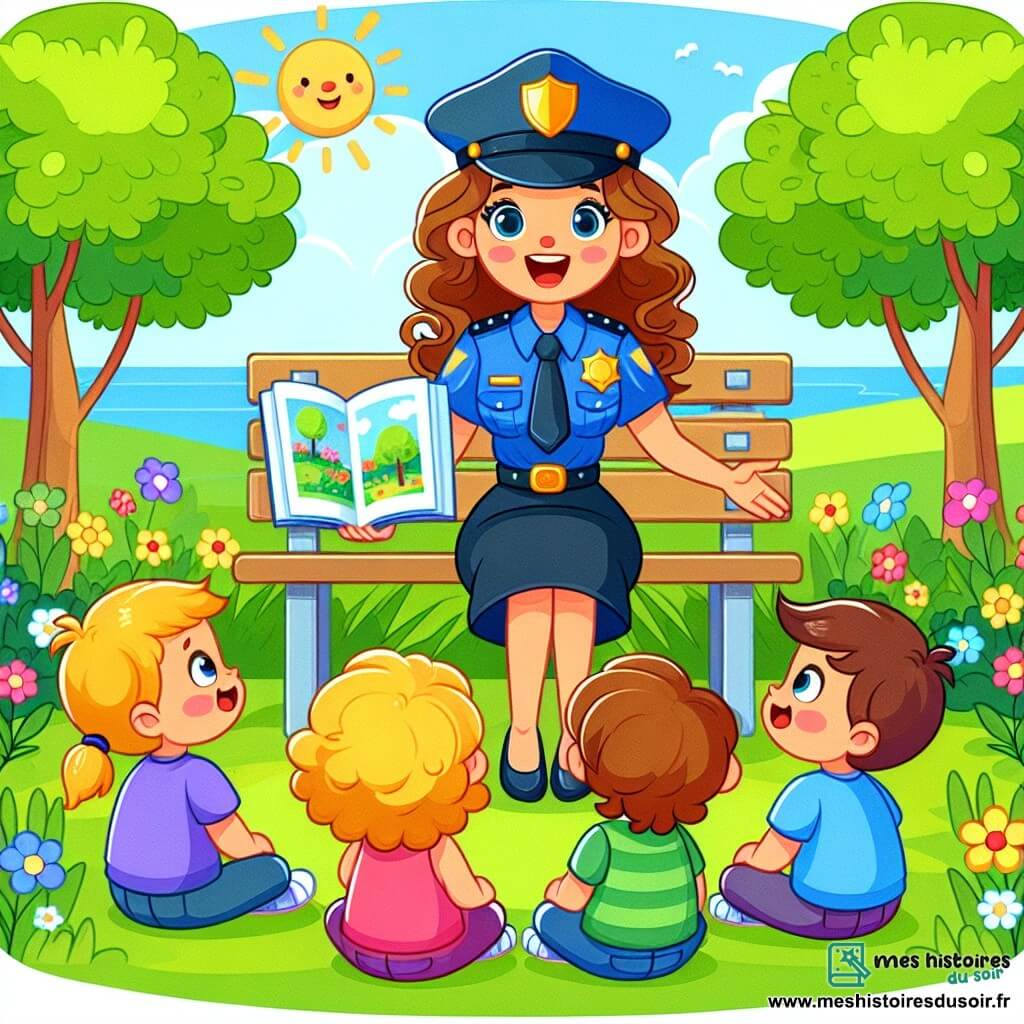 Une illustration sous forme de dessin destinée aux enfants représentant un parc ensoleillé avec des arbres verdoyants et des fleurs colorées, où une policière souriante, une femme aux cheveux bruns et bouclés, portant un uniforme bleu et un chapeau brillant, est assise sur un banc en train de raconter une histoire à deux enfants : une petite fille aux cheveux blonds et une petite garçon aux cheveux châtains, qui écoutent attentivement, le visage illuminé par la curiosité et l'émerveillement.