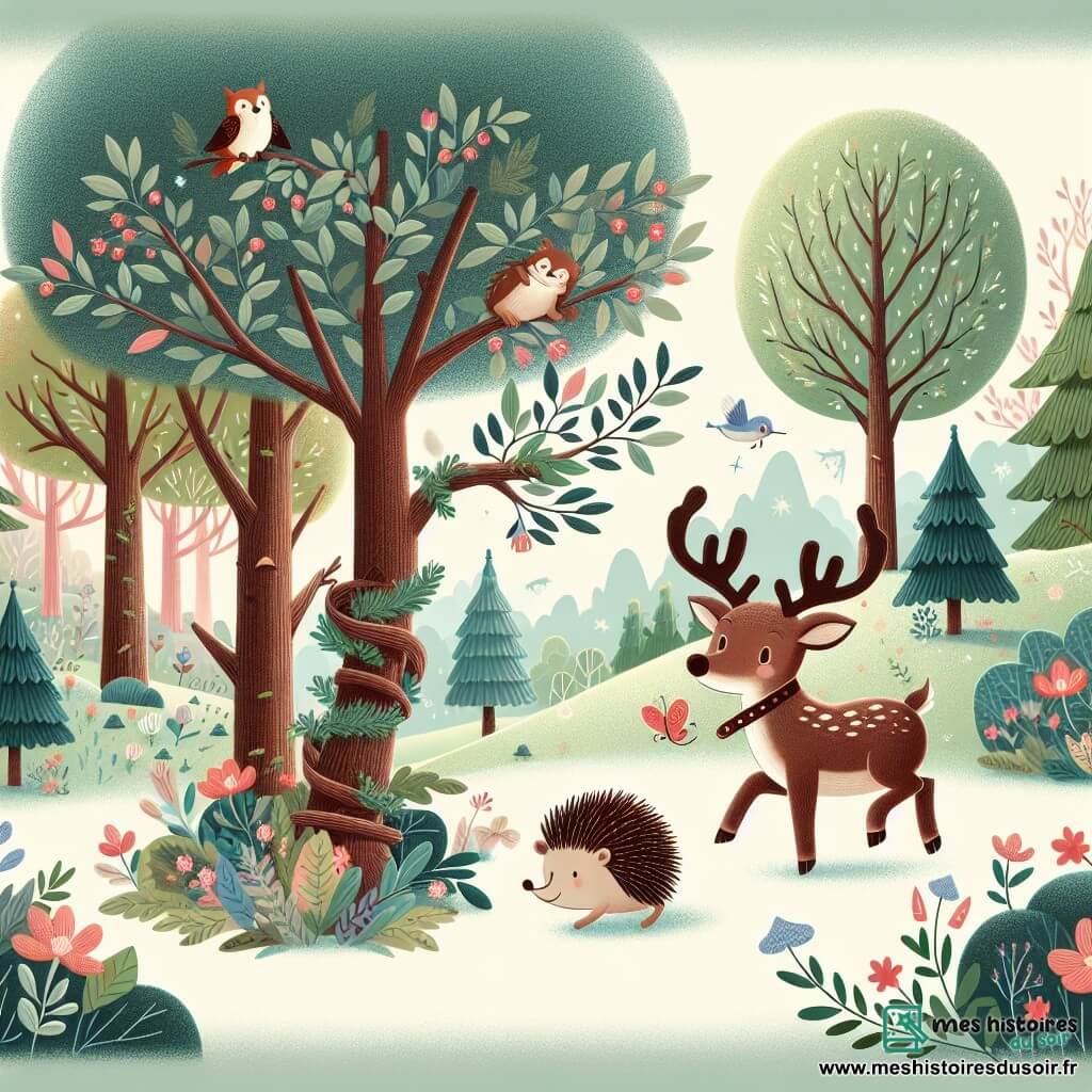 Une illustration destinée aux enfants représentant un renne maladroit se retrouvant dans une forêt enchantée où les arbres chuchotent des secrets, accompagné d'un hérisson coincé entre les branches, dans la magnifique forêt de Tendrebois où les fleurs dansent au rythme du vent.