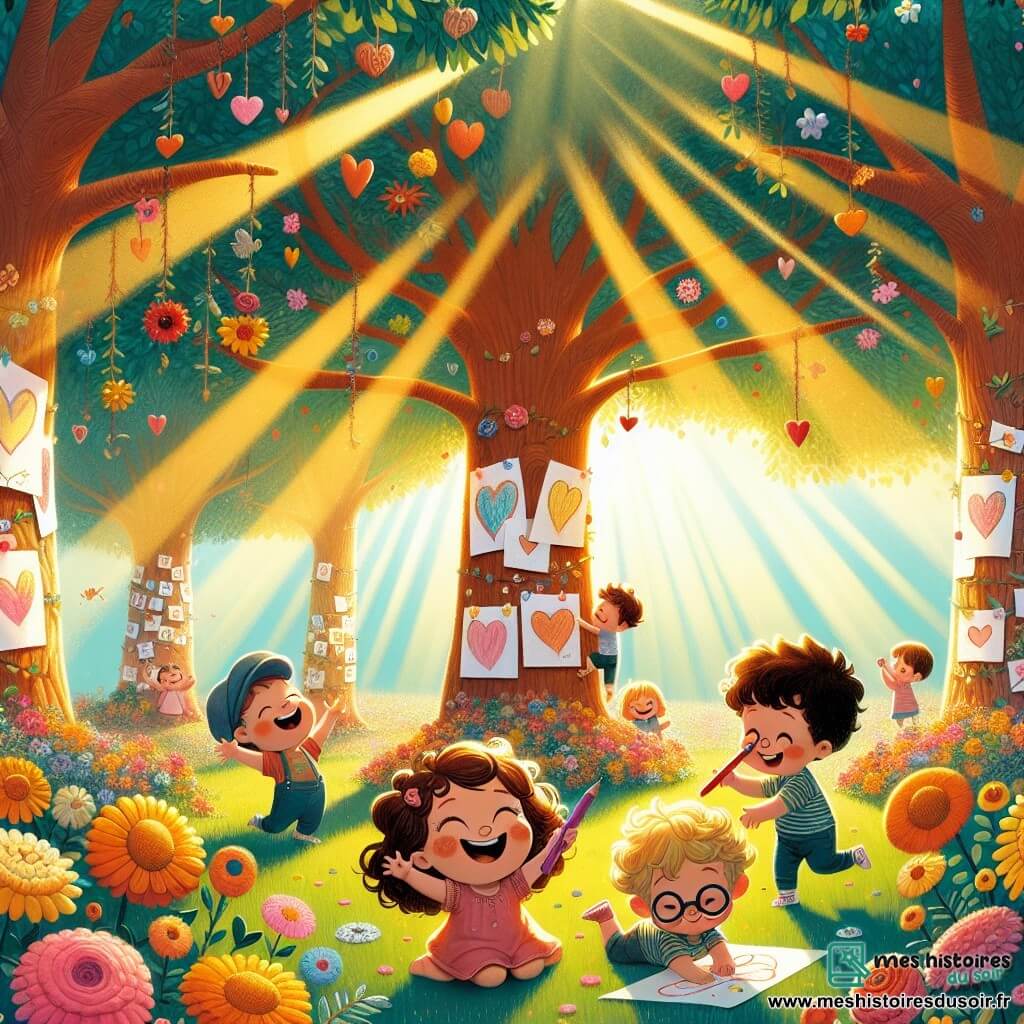 Illustration destinée aux enfants représentant un parc ensoleillé, rempli de fleurs colorées et d'arbres majestueux, où des rayons de lumière filtrent à travers les feuilles. Au centre, un groupe d'enfants de trois ans, avec des cheveux bouclés et des lunettes rigolotes, s'affairent joyeusement à dessiner des cœurs géants sur des feuilles de papier. Parmi eux, une petite fille aux cheveux châtains, portant une robe rose, sourit en tenant un crayon coloré, tandis qu'un garçon aux lunettes rondes et au chapeau bleu cache des pierres brillantes derrière un arbre. La scène dégage une atmosphère de fête, avec des dessins accrochés aux branches et des éclats de rire résonnant dans l'air, illustrant la magie d'une fête des pères pleine de surprises et d'amour.