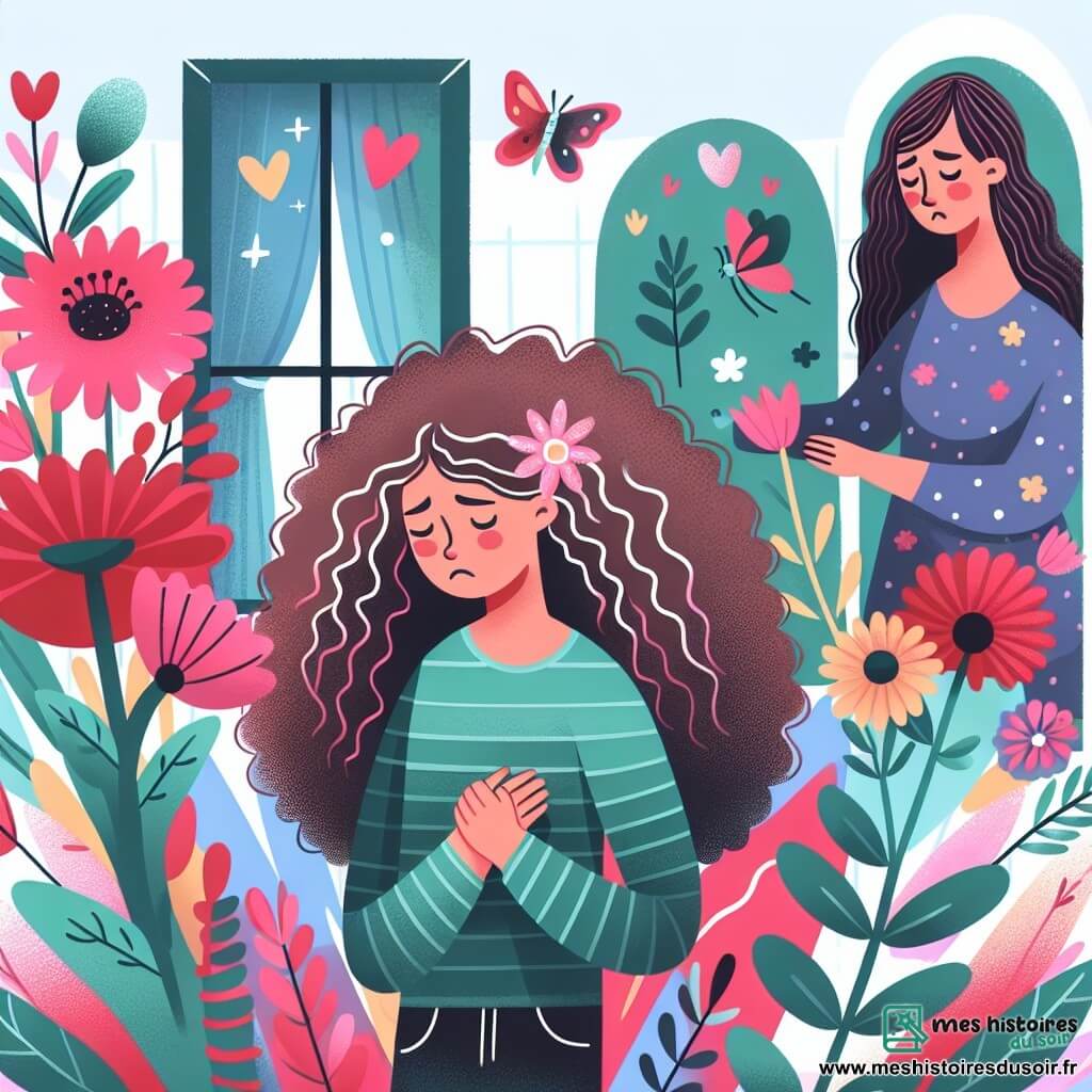 Une illustration destinée aux enfants représentant une fillette aux cheveux bouclés, confrontée à la séparation de ses parents, accompagnée de sa maman, dans une chambre colorée décorée de fleurs et de papillons.