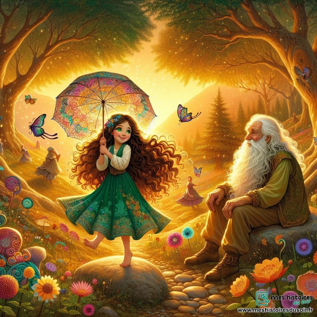 Illustration destinée aux enfants représentant une clairière enchantée, baignée de lumière dorée, où des fleurs multicolores dansent sous une douce brise, entourée d'arbres majestueux aux feuilles chatoyantes. Au centre, une petite fille de 9 ans, aux cheveux bruns flottants comme des vagues de chocolat, tient un parapluie aux motifs éclatants, dansant avec un sourire radieux sur son visage émeraude. À ses côtés, un vieux sage, avec une longue barbe blanche et des yeux pétillants de sagesse, l'observe avec bienveillance, assis sur une pierre, tandis que des créatures colorées émergent du sol, symbolisant les rêves oubliés des villageois. L’atmosphère est remplie de magie et d’espoir, alors que la petite fille invite les habitants à redécouvrir leurs couleurs et à célébrer la joie de vivre.