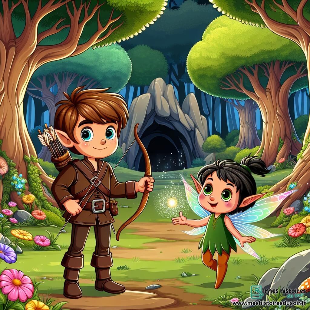 Une illustration sous forme de dessin destinée aux enfants représentant une forêt enchantée, avec des arbres majestueux aux troncs épais et des fleurs colorées éparpillées sur le sol, où un jeune homme aux cheveux bruns et aux yeux pétillants, vêtu d'une tunique en cuir et portant un arc en bois, se tient courageusement aux côtés d'un lutin aux oreilles pointues et aux vêtements colorés, qui utilise sa magie pour créer une petite lumière scintillante, alors qu'ils font face à une grotte mystérieuse, symbole de leur quête pour retrouver un ancien artefact magique, entourés de créatures fantastiques et d'une atmosphère de mystère et d'aventure.