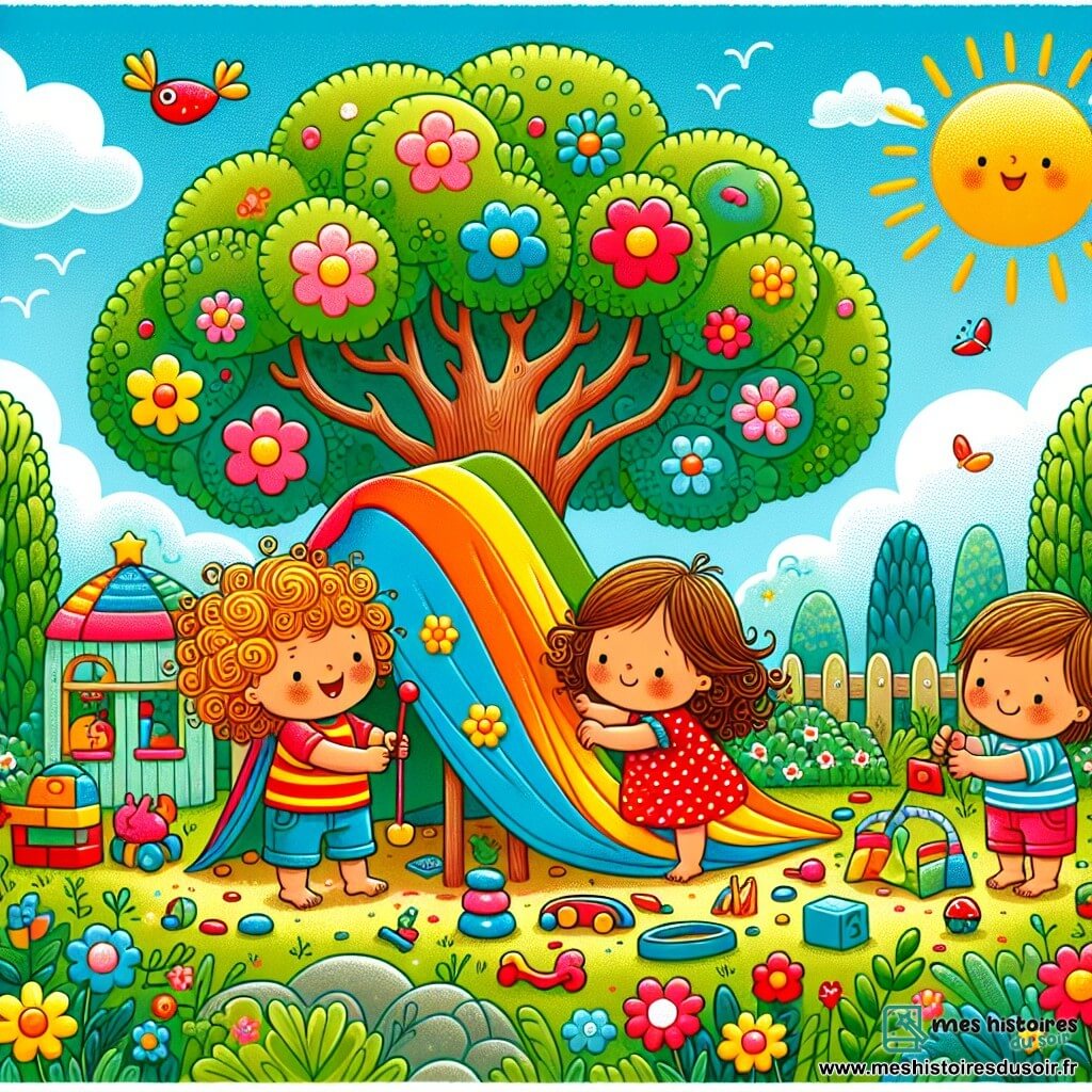 Illustration destinée aux enfants représentant un jardin ensoleillé, rempli de fleurs colorées et de verdure luxuriante, où une cabane faite de branches et de draps colorés se dresse fièrement. Un groupe d'enfants de trois ans, composé de deux filles aux cheveux bouclés et d'un garçon aux cheveux courts, s'affairent joyeusement autour de la cabane : l'une des filles tient un drap en l'air, l'autre ajuste une branche, tandis que le garçon sourit en tenant des cailloux. L'atmosphère est pleine de rires et de créativité, symbolisant l'égalité des genres et l'amitié, avec des jouets éparpillés autour et des oiseaux chantant dans le ciel bleu.