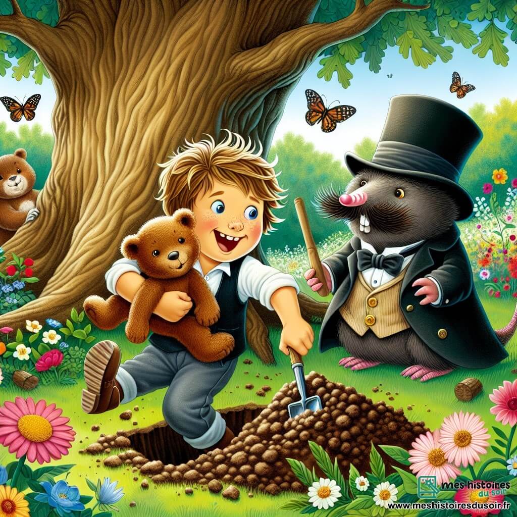 Une illustration destinée aux enfants représentant un petit garçon aux cheveux en bataille, en train de creuser frénétiquement sous un vieux chêne, accompagné de Doudou l'ours en peluche, tandis qu'une taupe élégamment vêtue d'un chapeau haut-de-forme et d'une fausse moustache observe la scène, dans un jardin luxuriant parsemé de fleurs colorées et de papillons virevoltants.