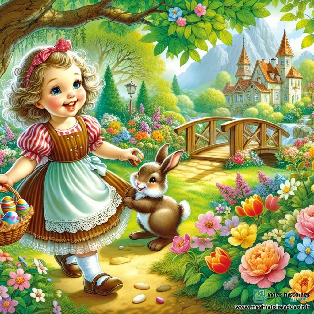 Une illustration destinée aux enfants représentant une petite fille joyeuse à la recherche d'œufs en chocolat avec sa maman lapin dans un magnifique jardin printanier aux fleurs colorées et au pont en bois enchanteur.