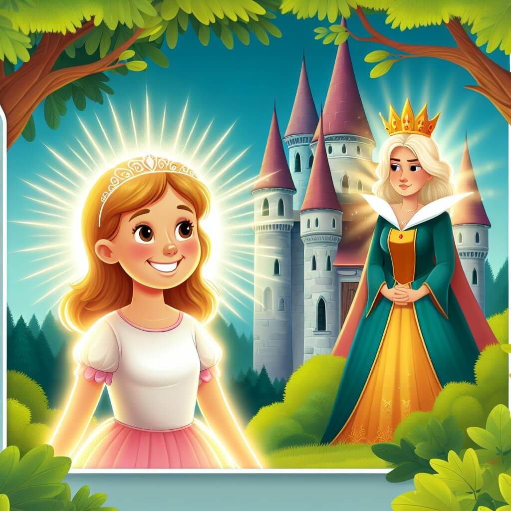 Une illustration destinée aux enfants représentant une jeune femme au sourire radieux, entourée d'une aura lumineuse, faisant face à une reine jalouse dans un château majestueux, entouré d'une forêt verdoyante et mystérieuse.