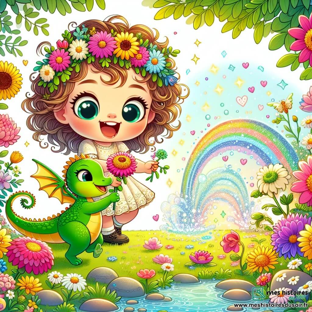 Une illustration sous forme de dessin destinée aux enfants représentant un jardin enchanté rempli de fleurs colorées et de ruisseaux scintillants, où une petite fille de 3 ans aux grands yeux brillants et aux cheveux bouclés joue joyeusement, tenant un collier de fleurs dans ses mains, tandis qu'un petit dragon vert aux écailles brillantes et aux ailes dorées, souriant, flotte à ses côtés, tous deux émerveillés par la magie du Pays des Mères Magiques, illustrant le moment où la petite fille prépare une surprise pour sa maman pour la fête des mères.