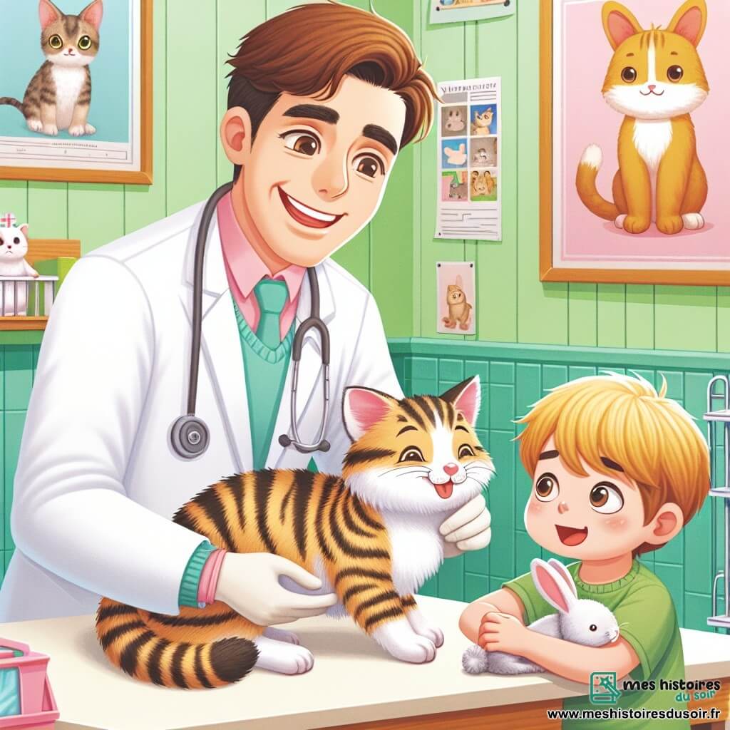 Une illustration sous forme de dessin destinée aux enfants représentant une clinique vétérinaire colorée et accueillante, avec des murs peints en vert pastel et des posters d'animaux accrochés, où un homme souriant aux cheveux bruns et à la blouse blanche examine un chaton tigré qui ronronne doucement sur la table d'examen, tandis qu'un garçon aux yeux curieux et aux cheveux blonds observe avec émerveillement, tenant un petit lapin dans ses bras, le tout dans une ambiance chaleureuse et joyeuse, illustrant l'amour et les soins que les animaux reçoivent.